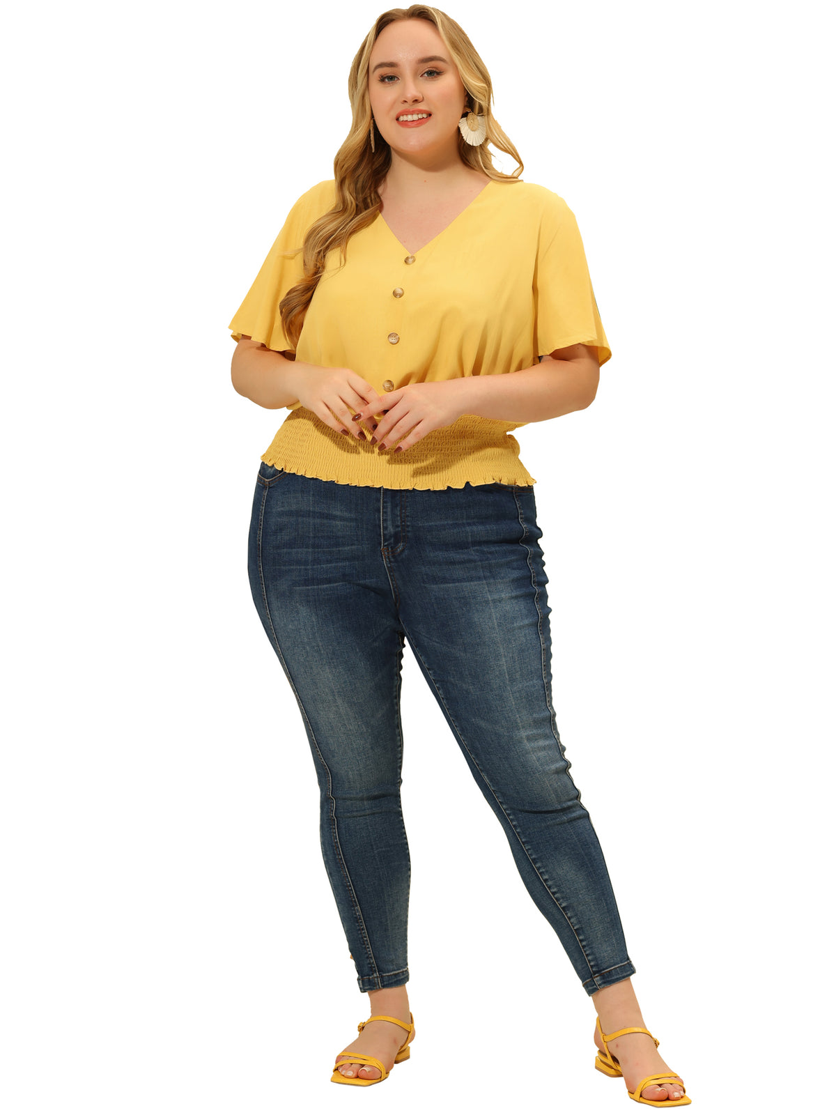 Women's Plus Size V Neck Button Up Short Sleeve Shirred Crop Top Blouse