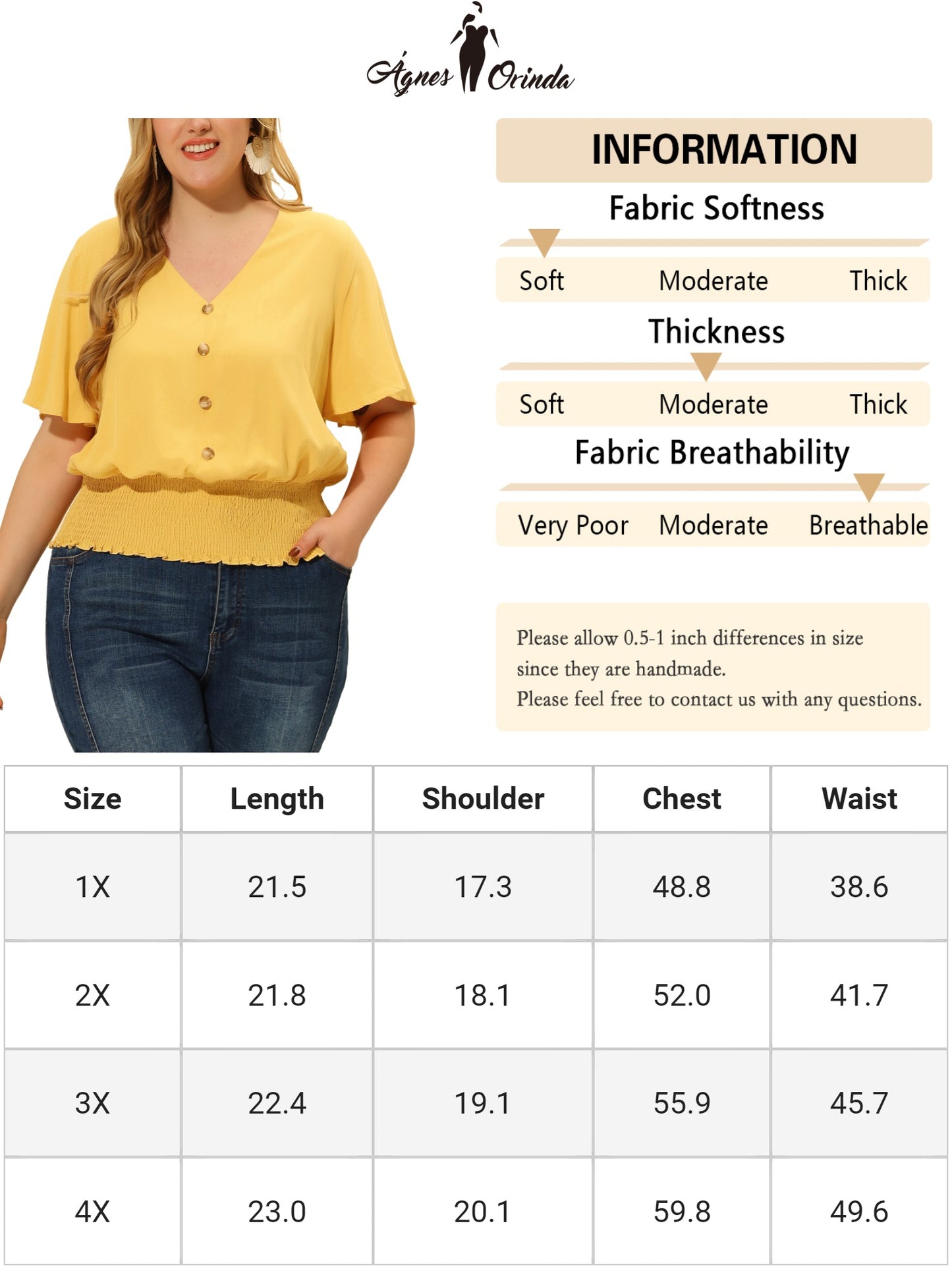 Blusa corta fruncida con cuello en V, botones y mangas cortas para mujer, talla grande