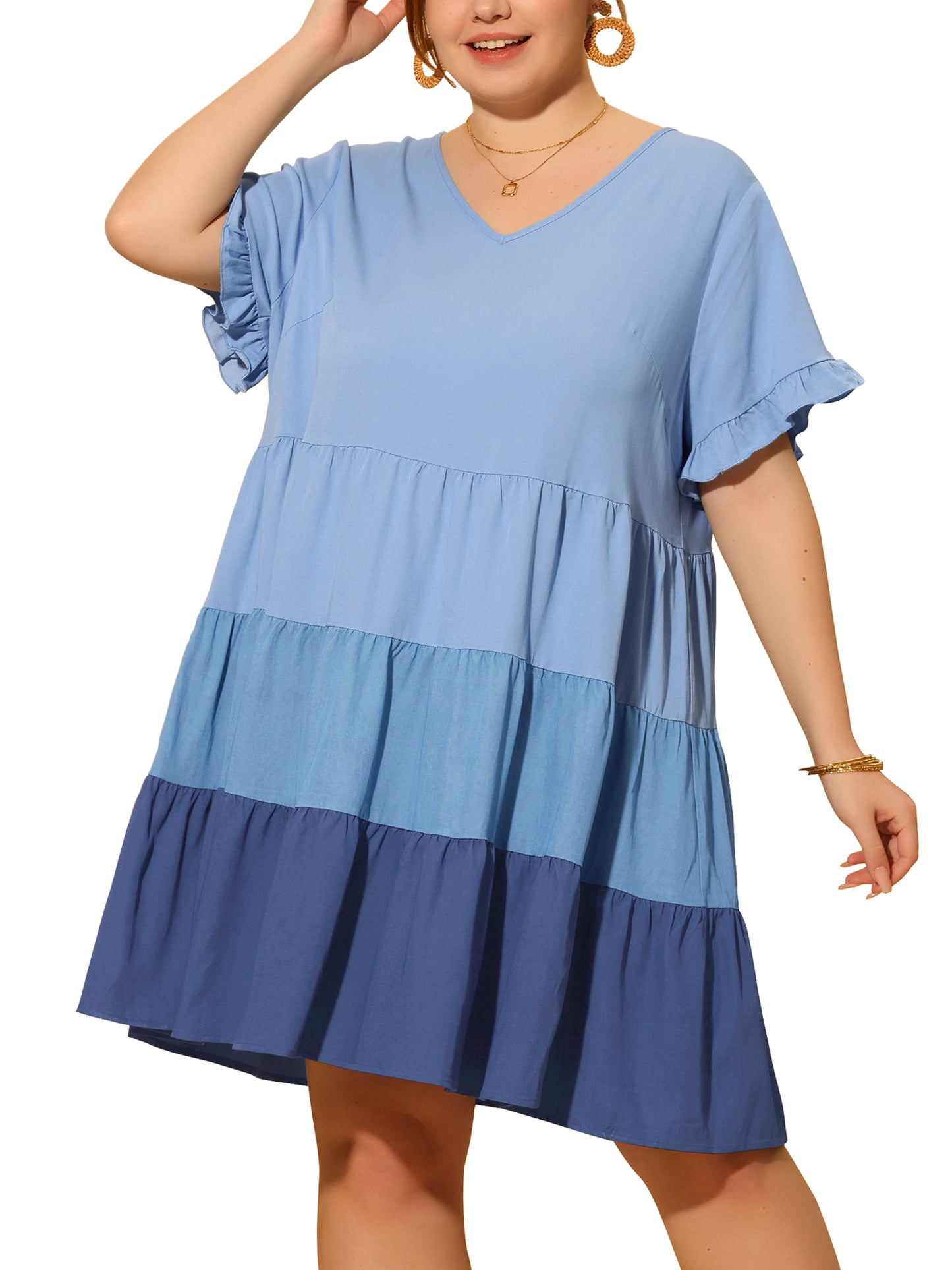 Women's Plus Size Babydoll Ruffle Short Sleeve Casual Loose Flowy Swing Hem Chambray V Neck Mini Dress