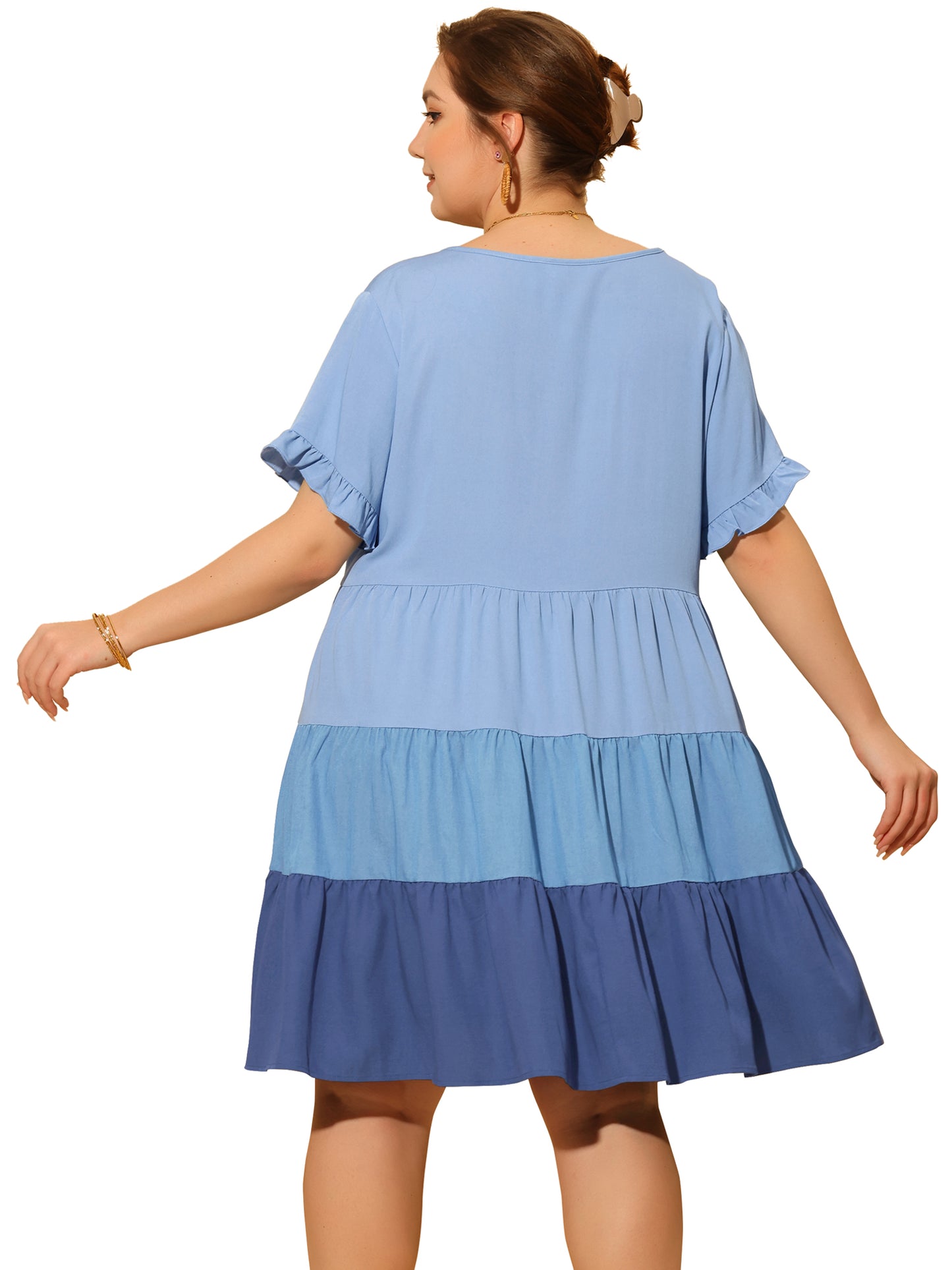 Women's Plus Size Babydoll Ruffle Short Sleeve Casual Loose Flowy Swing Hem Chambray V Neck Mini Dress