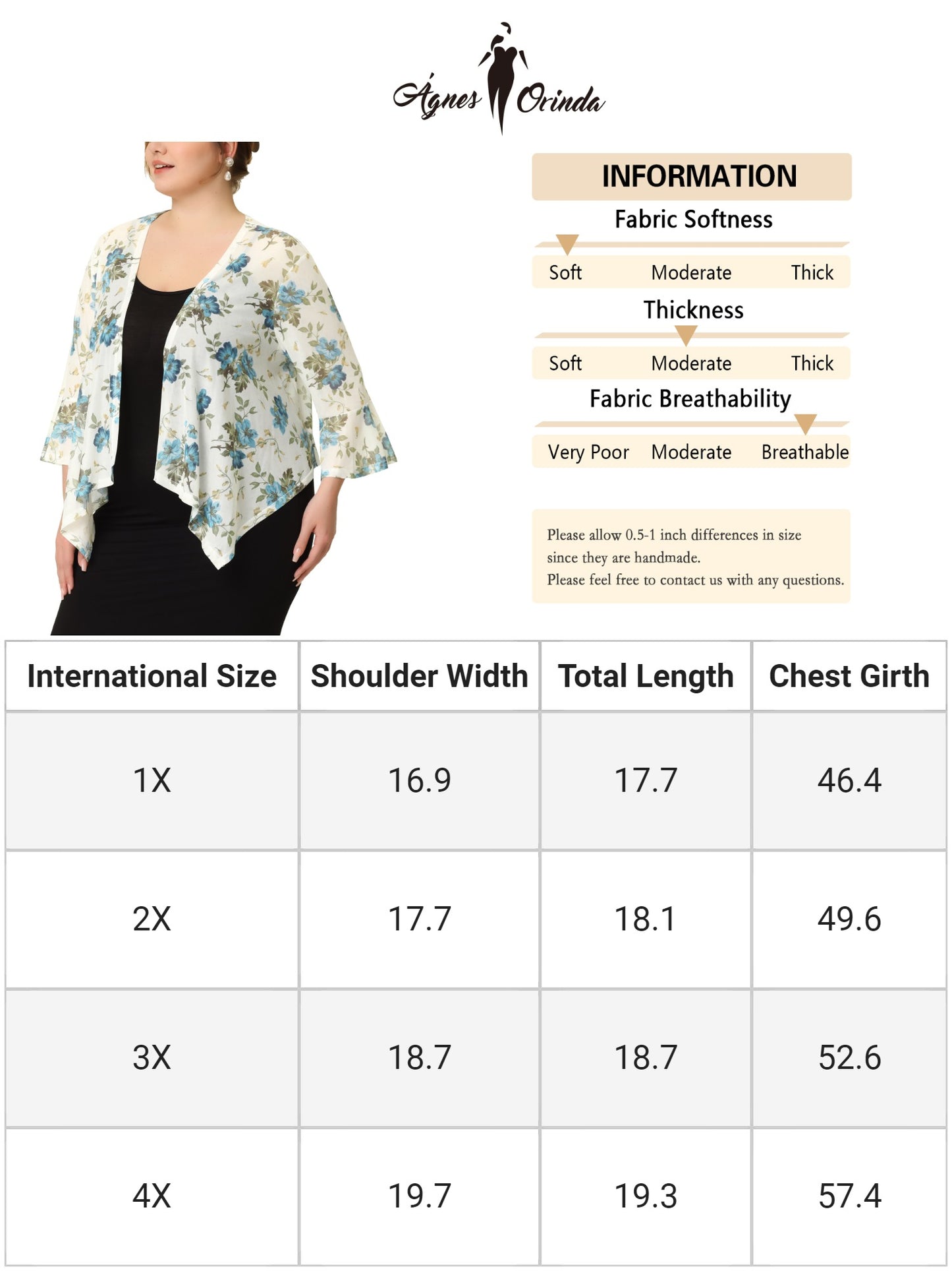 Women Plus Size Chiffon Cover Up 3/4 Sleeve Floral Printed Bikini Lightweight Summer Cardigan