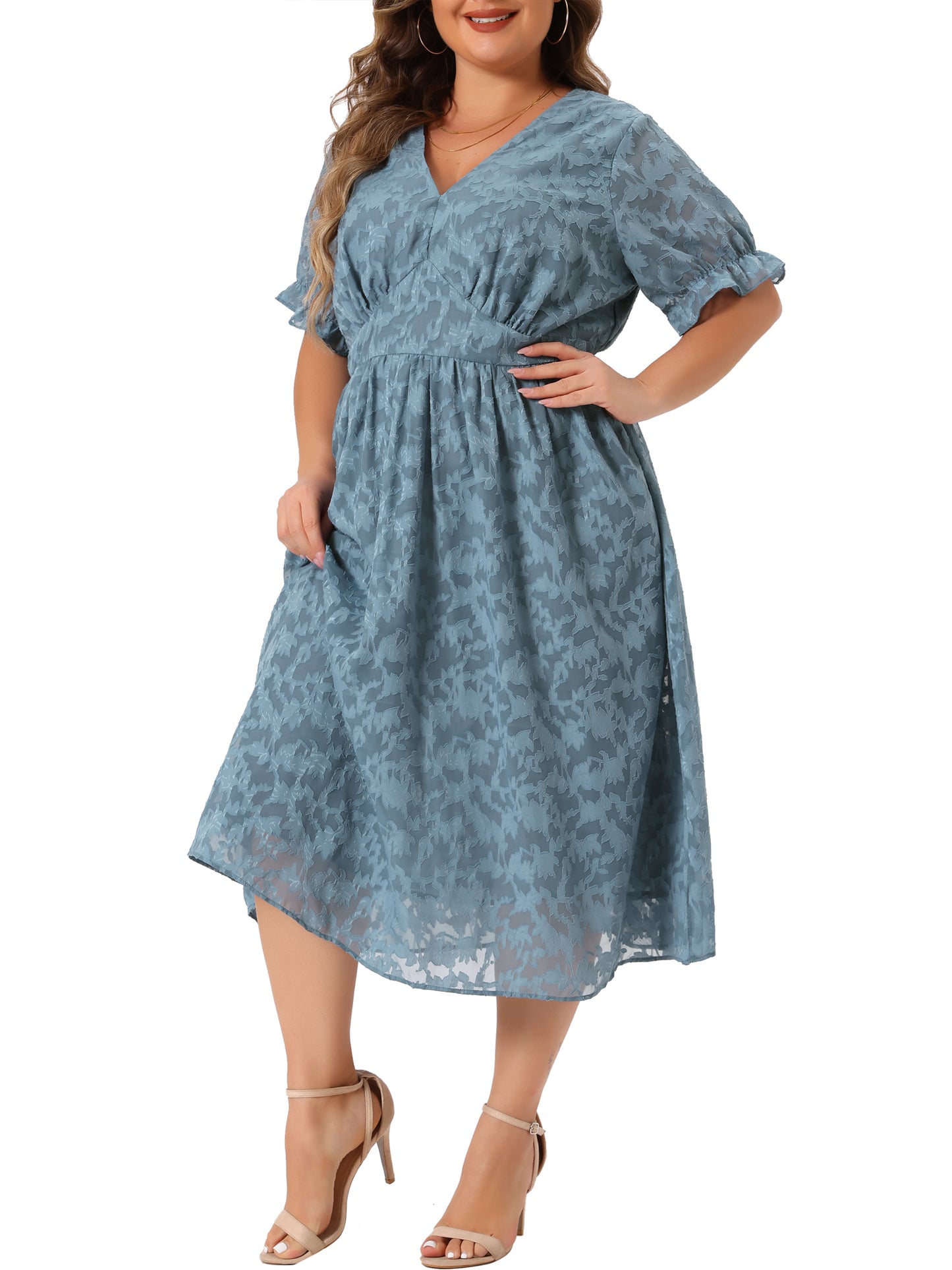 Women Plus Size Dress Casual V Neck Bubble Short Sleeve Semi Sheer Swing Flowy Summer Dresses