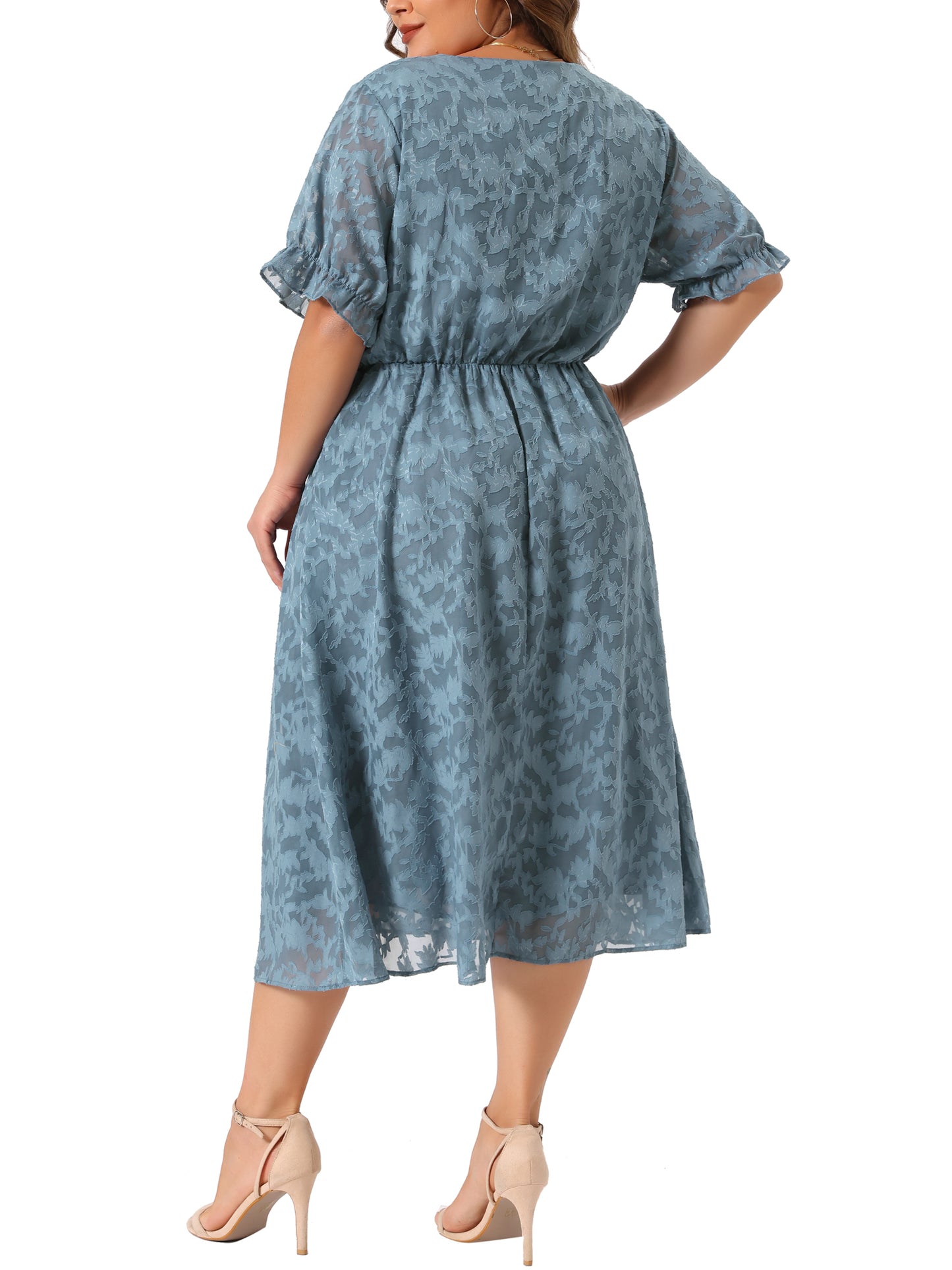 Women Plus Size Dress Casual V Neck Bubble Short Sleeve Semi Sheer Swing Flowy Summer Dresses