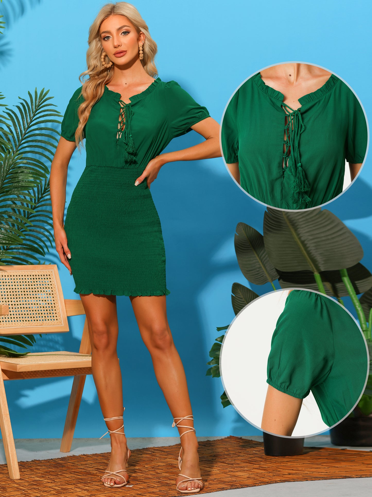 Women's Summer Smocked Dress Puff Sleeve Tie Front Lace Up Bodycon Mini Dresses