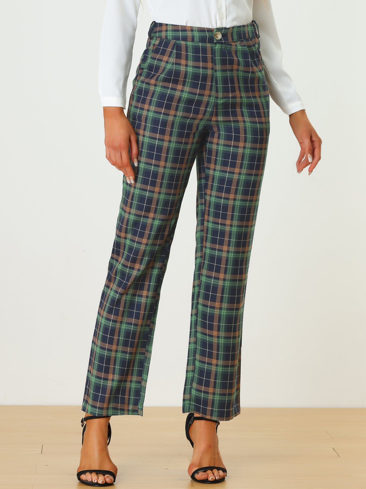 Women's Plaid Pants Elastic Waist Casual Work Office Long Trousers