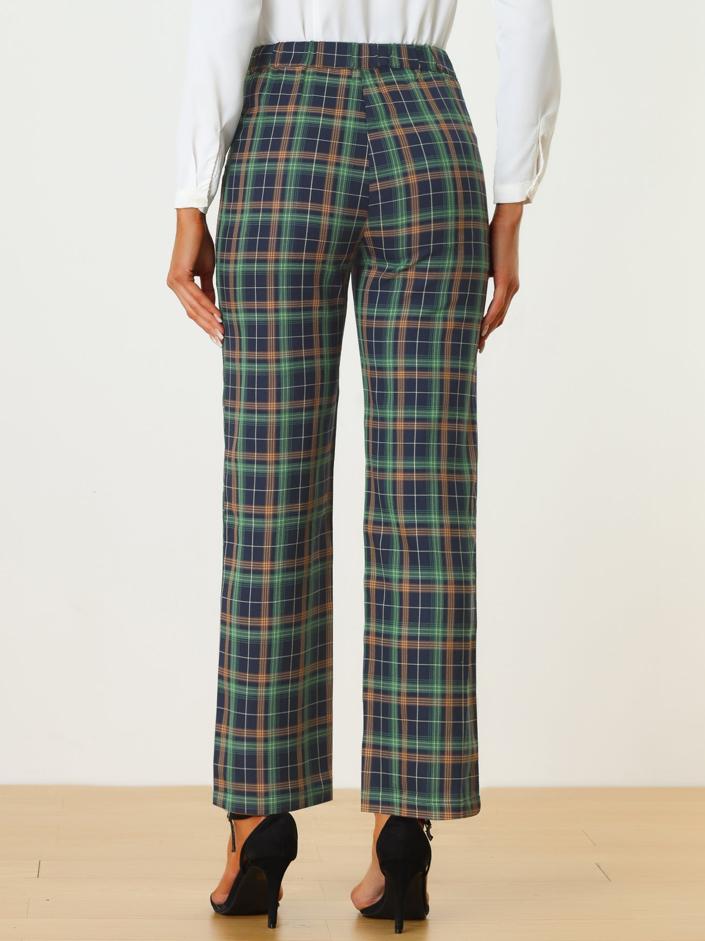 Women's Plaid Pants Elastic Waist Casual Work Office Long Trousers
