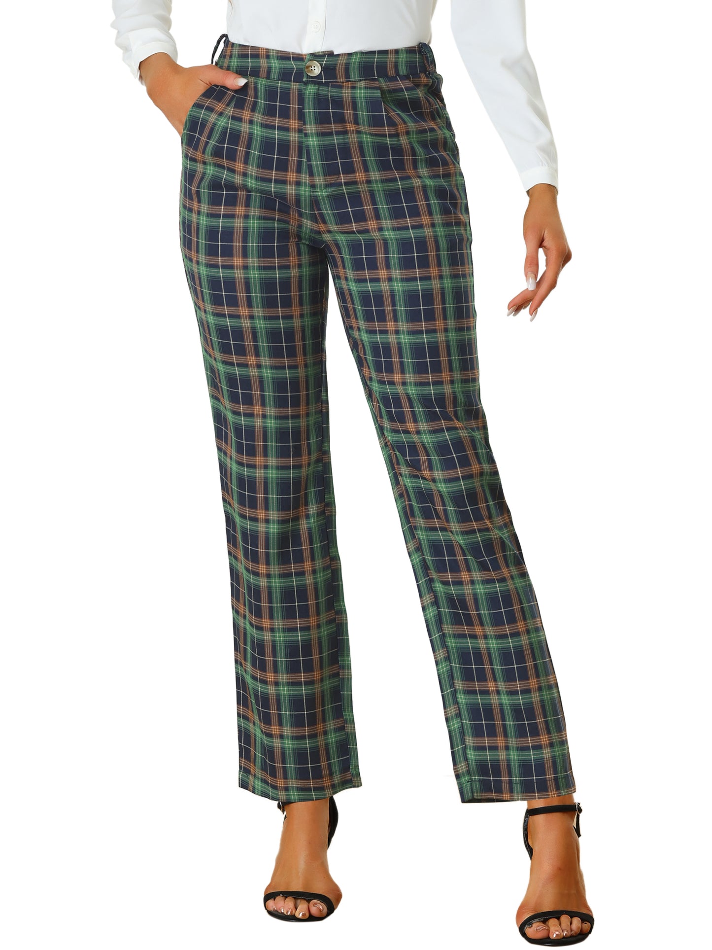 Women's Plaid Pants Elastic Waist Casual Work Office Long Trousers