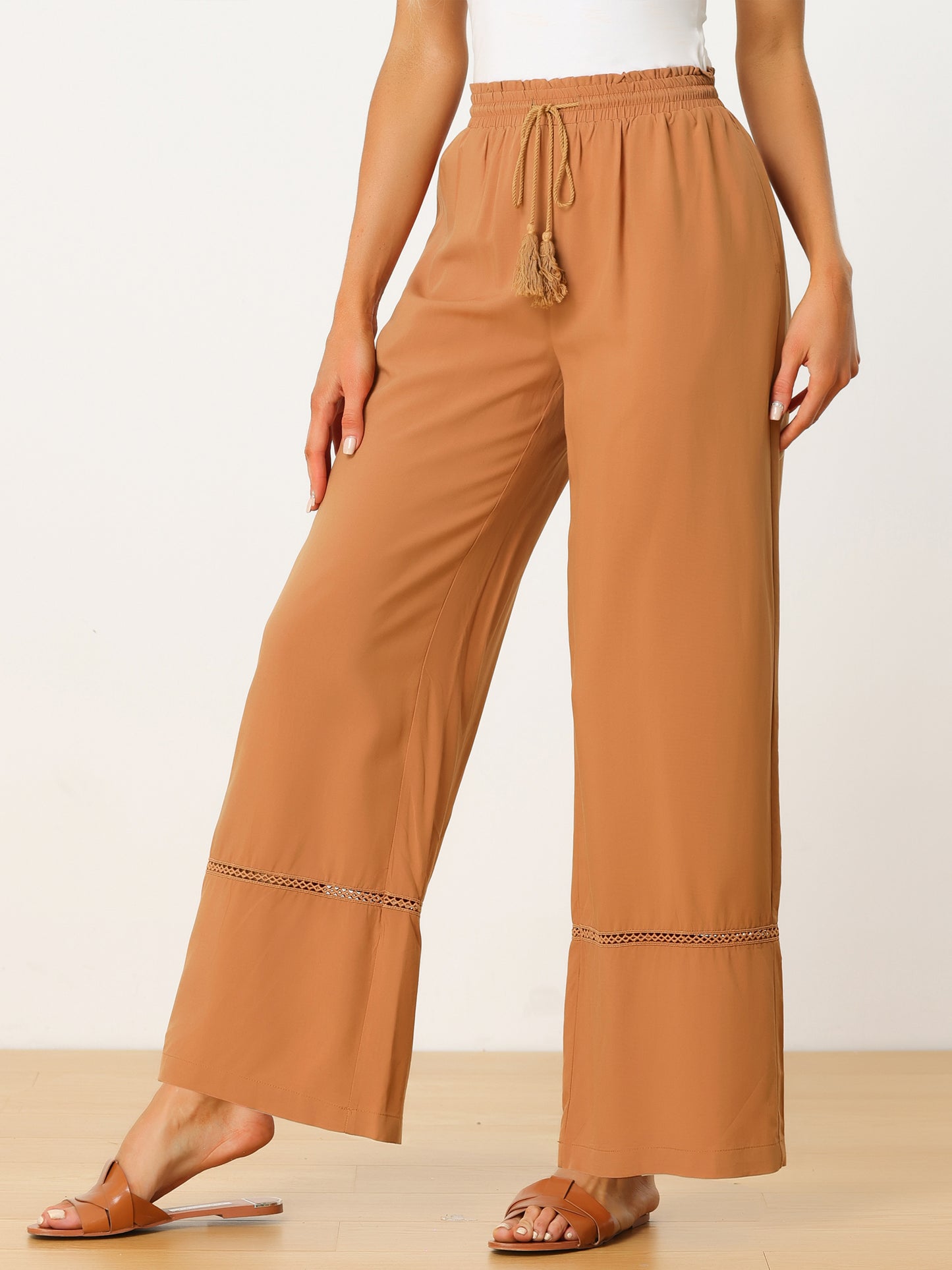 Women's Summer Casual Pants Loose High Waist Drawstring Wide Leg Palazzo Trousers with Pockets
