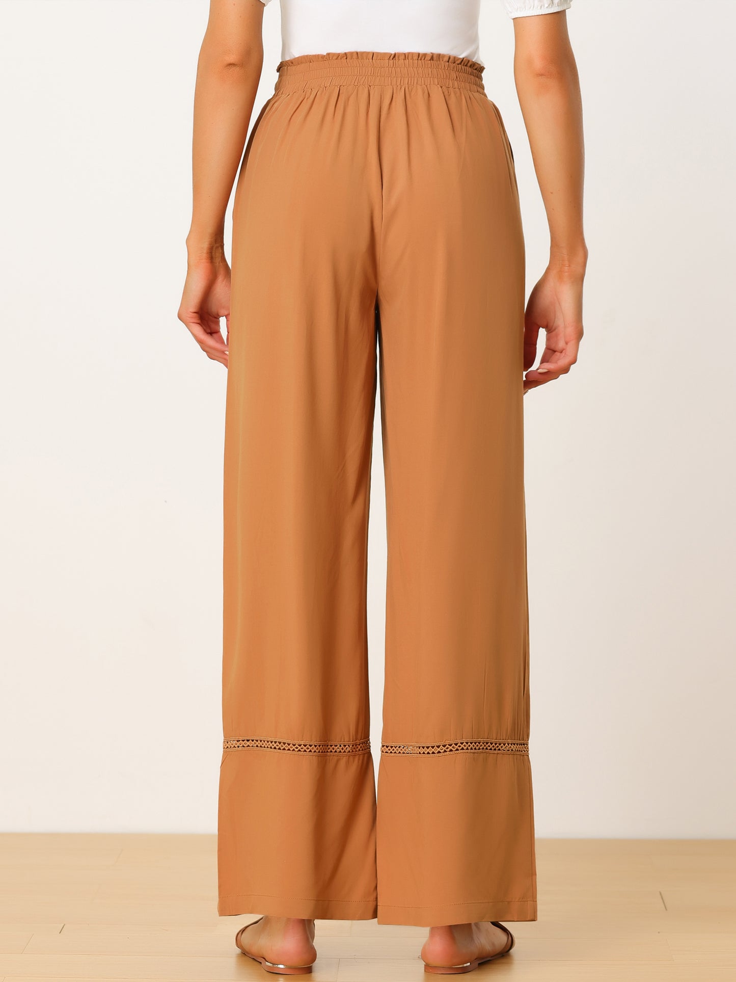 Women's Summer Casual Pants Loose High Waist Drawstring Wide Leg Palazzo Trousers with Pockets