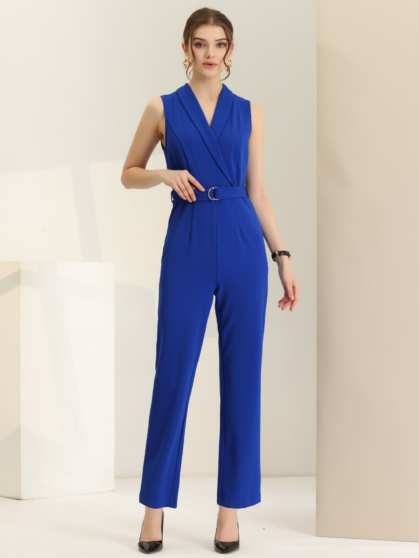 Women's Work Jumpsuit Formal Office Sleeveless Belted Jumpsuits Dressy Romper