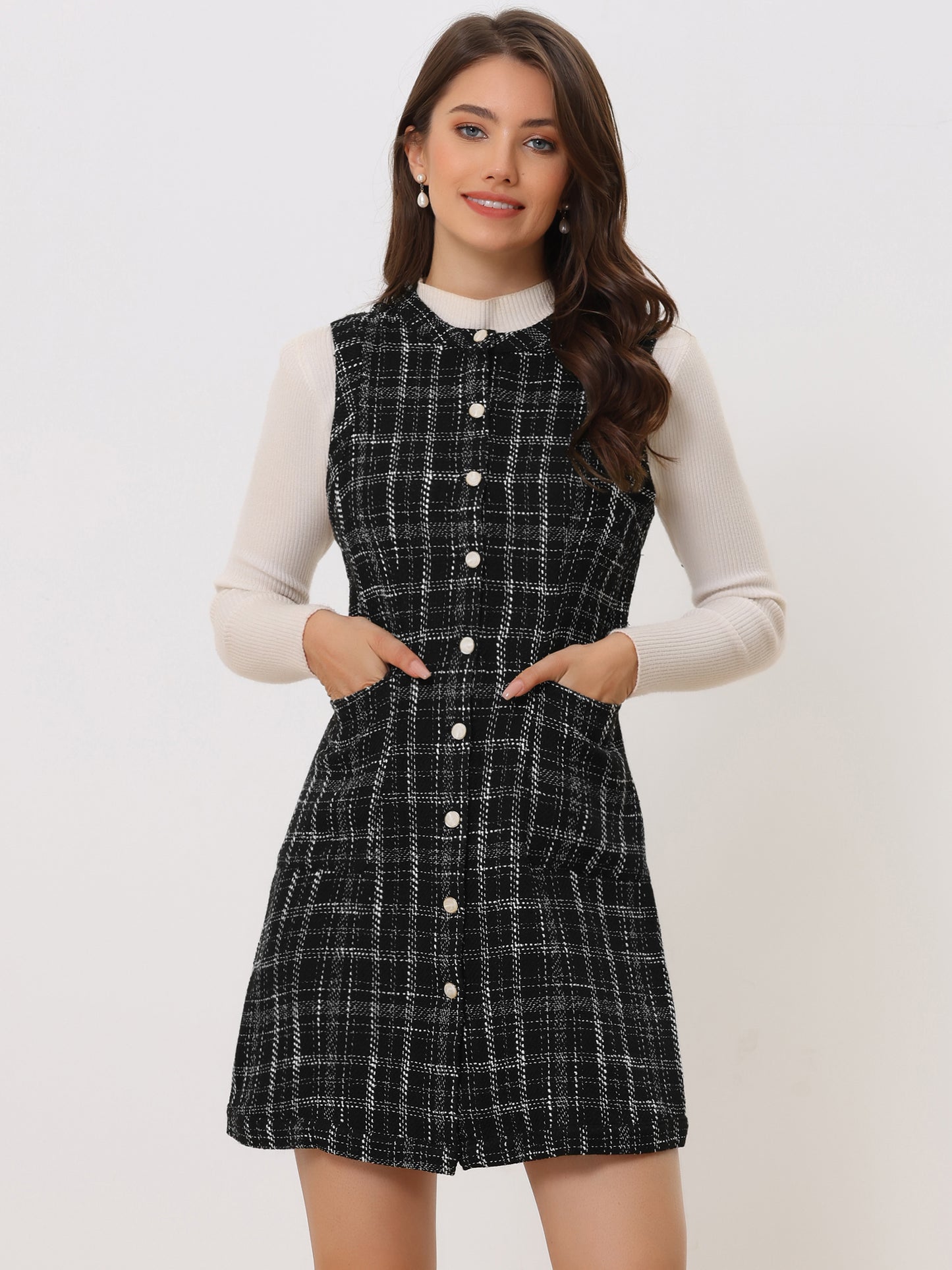 Women's Vintage Pinafore Dress Round Neck Button Down Pockets Sleeveless Plaid Tweed Dress with Belt