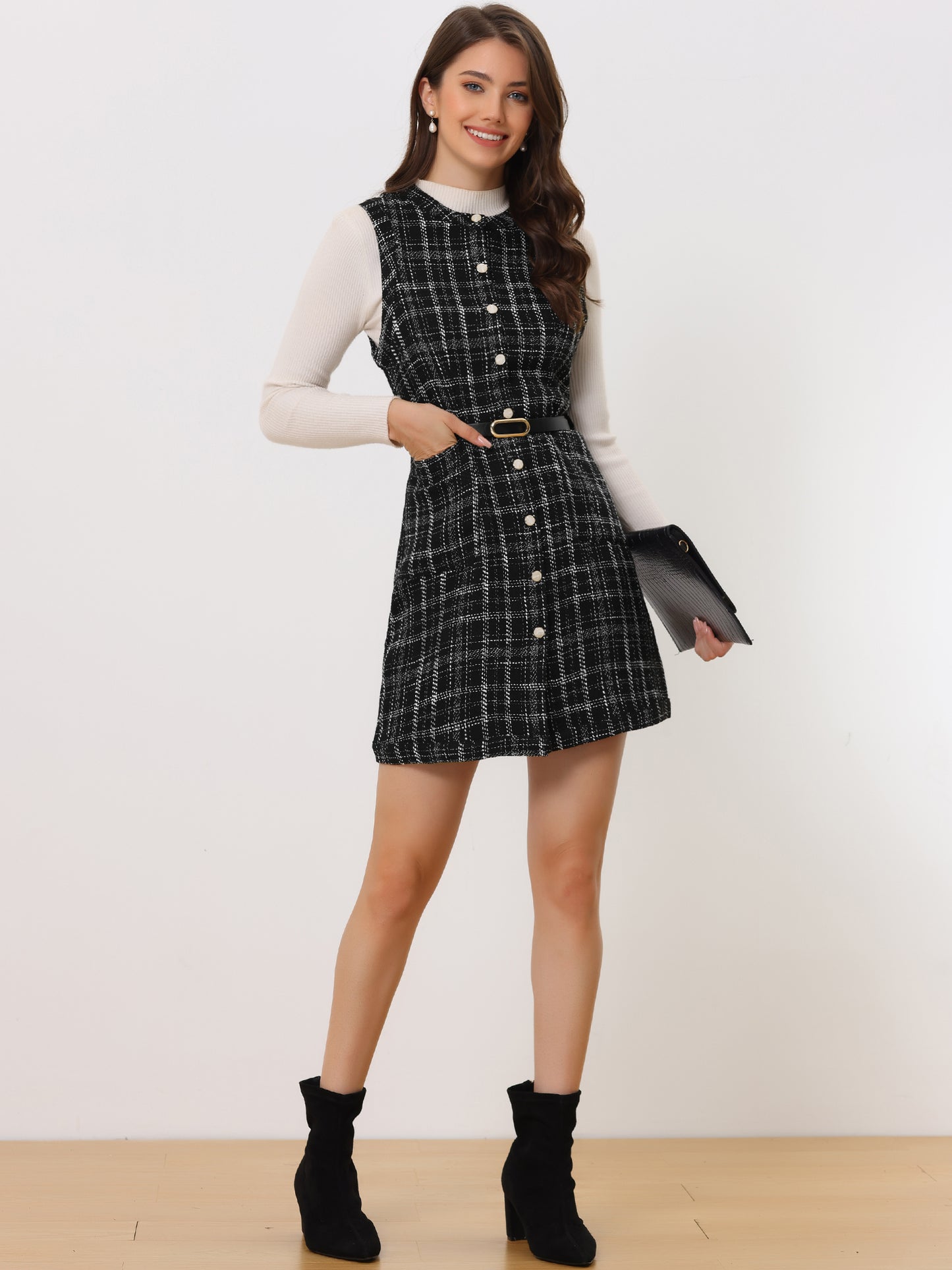 Women's Vintage Pinafore Dress Round Neck Button Down Pockets Sleeveless Plaid Tweed Dress with Belt