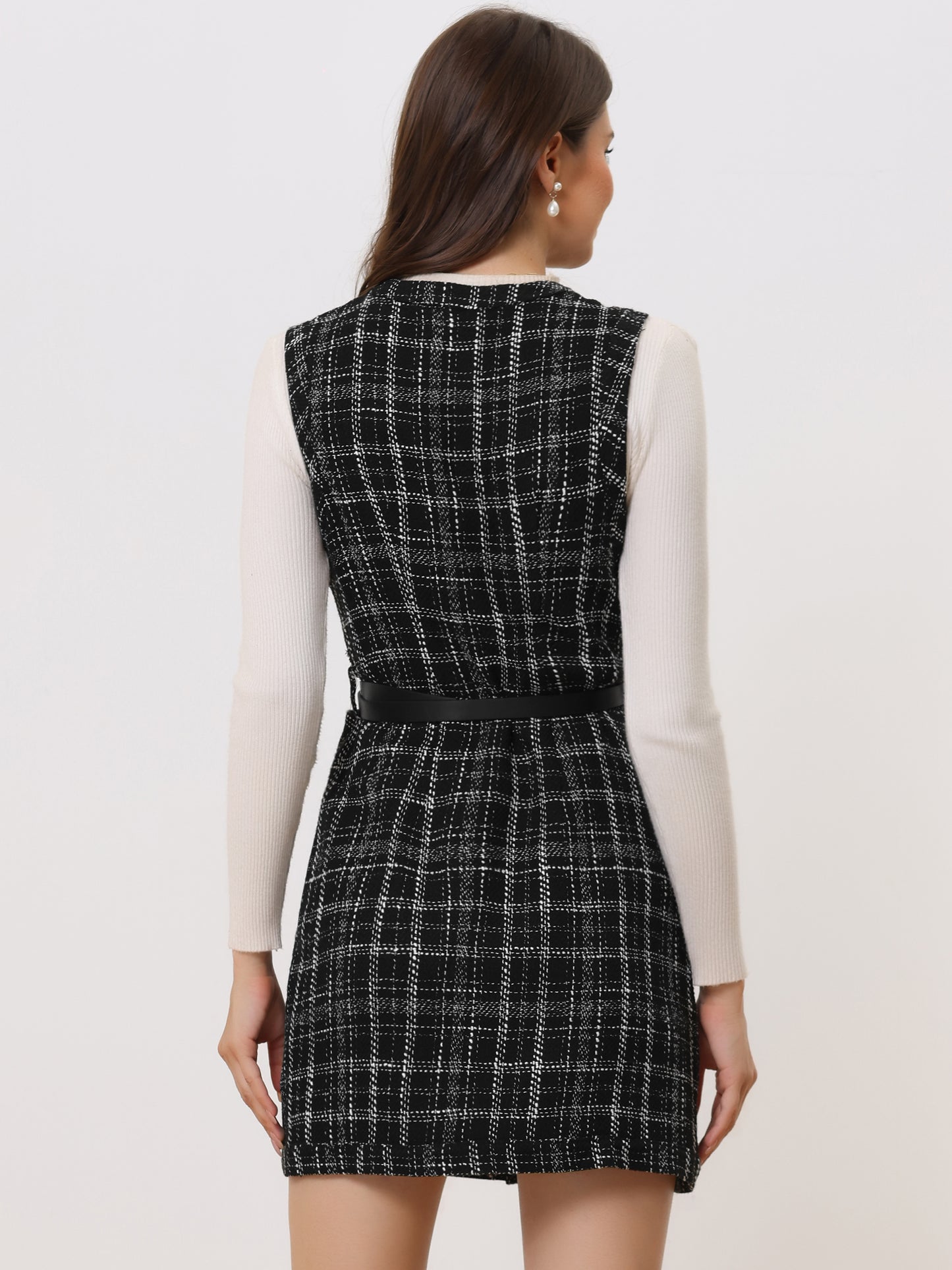 Women's Vintage Pinafore Dress Round Neck Button Down Pockets Sleeveless Plaid Tweed Dress with Belt