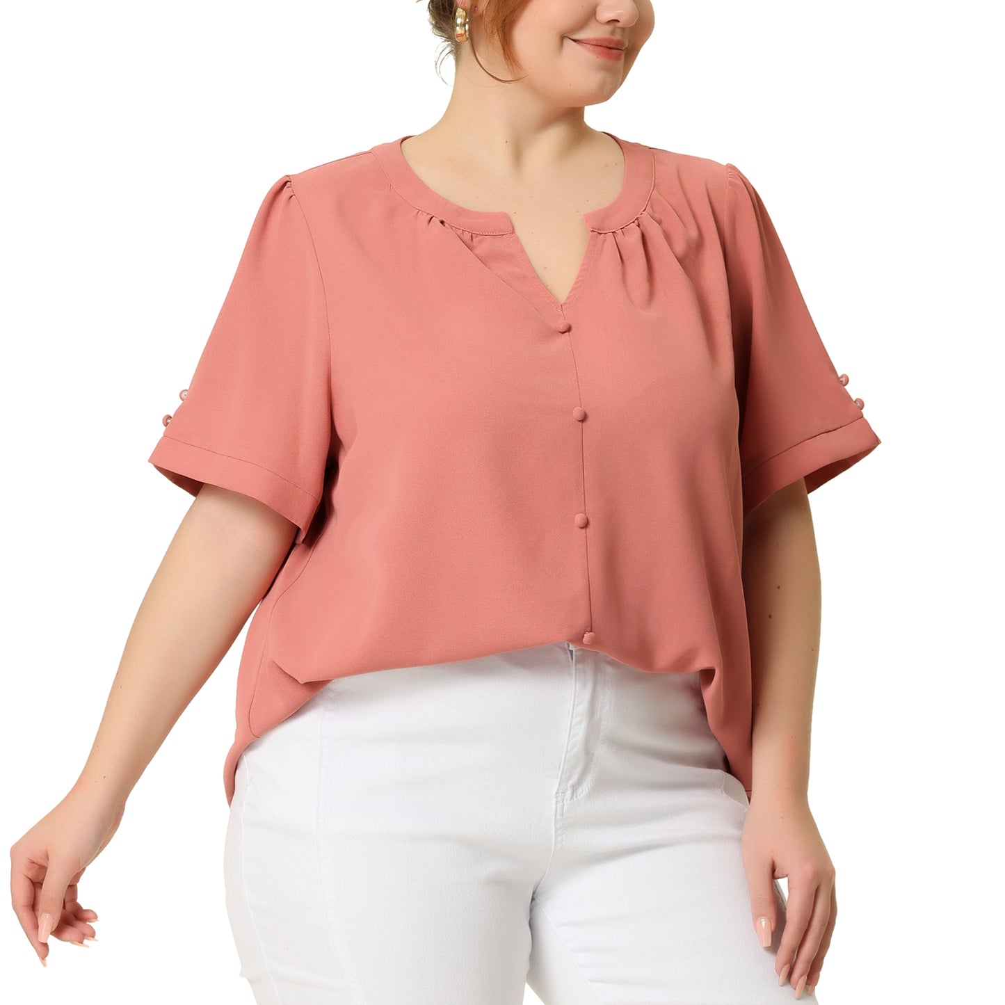 Women Plus Size Button Down Shirt Ruched V Neck Short Sleeve Office Top