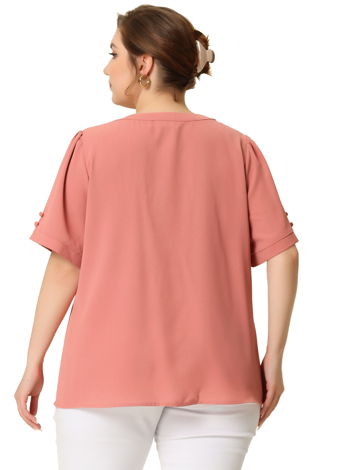 Women Plus Size Button Down Shirt Ruched V Neck Short Sleeve Office Top