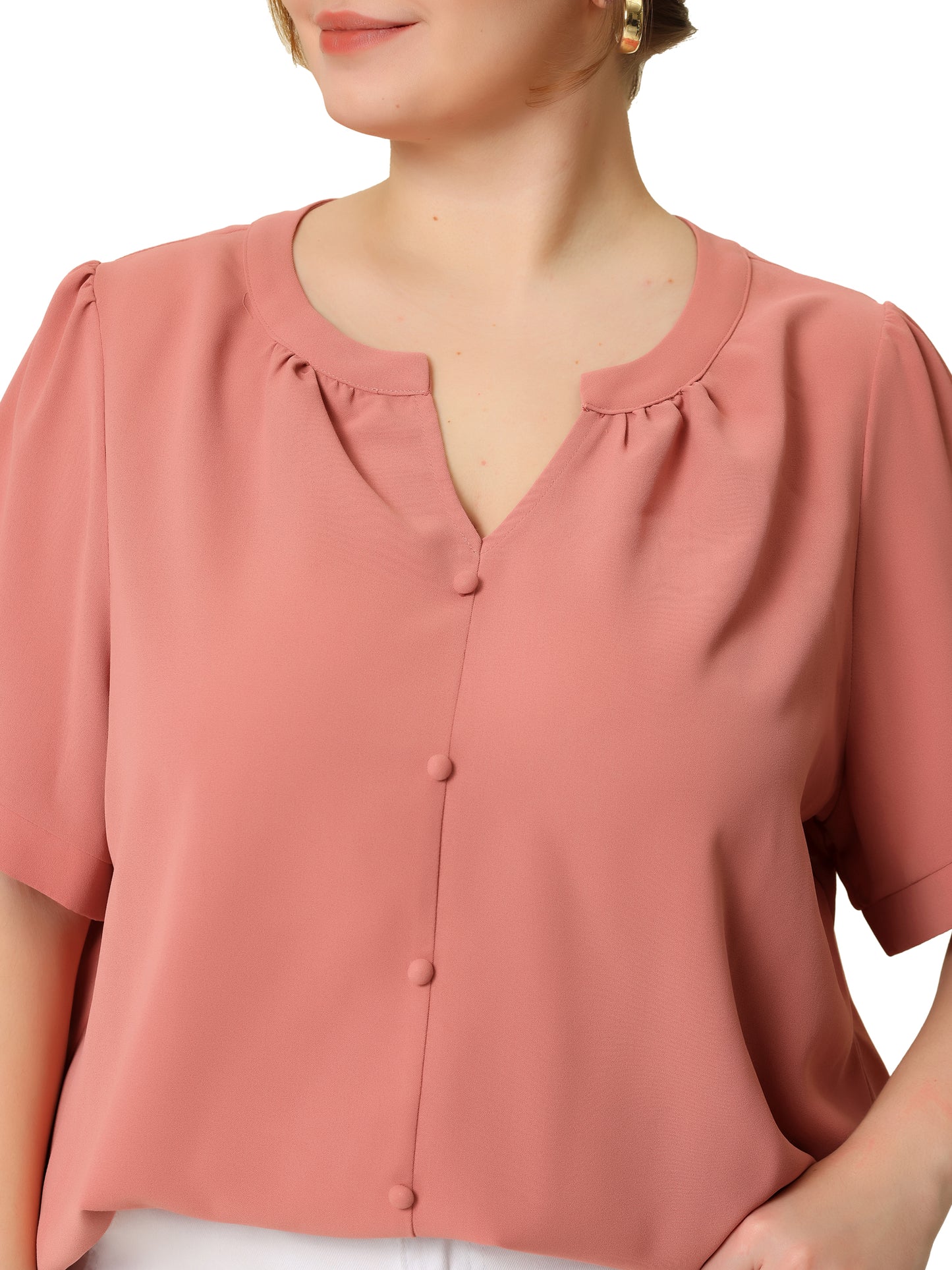 Women Plus Size Button Down Shirt Ruched V Neck Short Sleeve Office Top