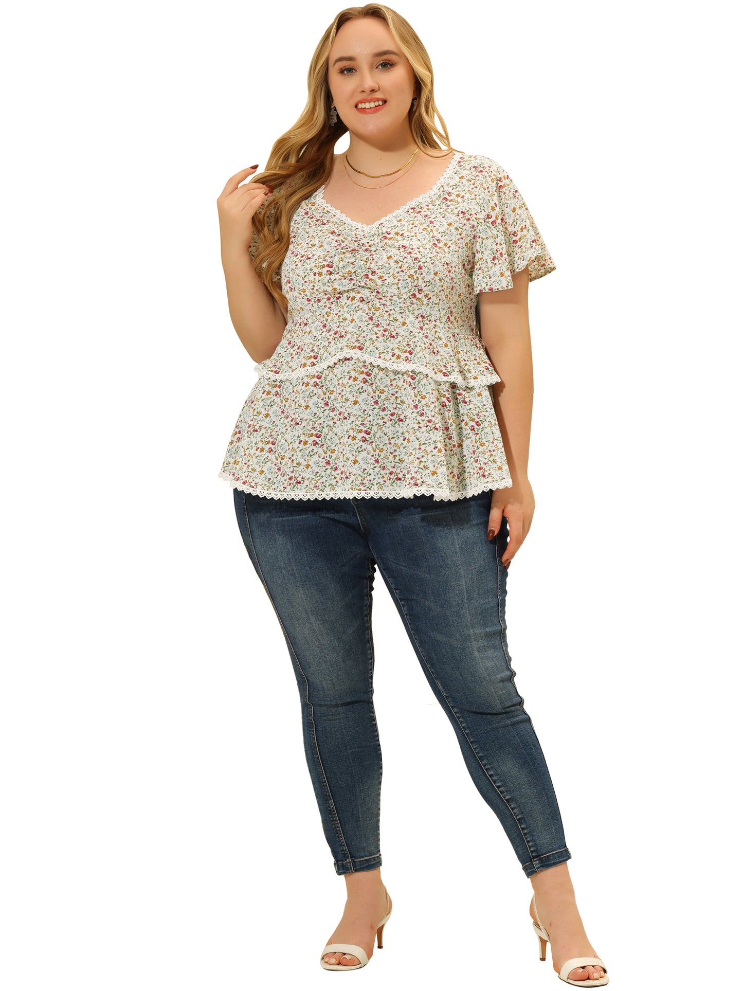Women Plus Size Tiered Blouse Floral Babydoll Sweetheart Ruffle Short Sleeve Top