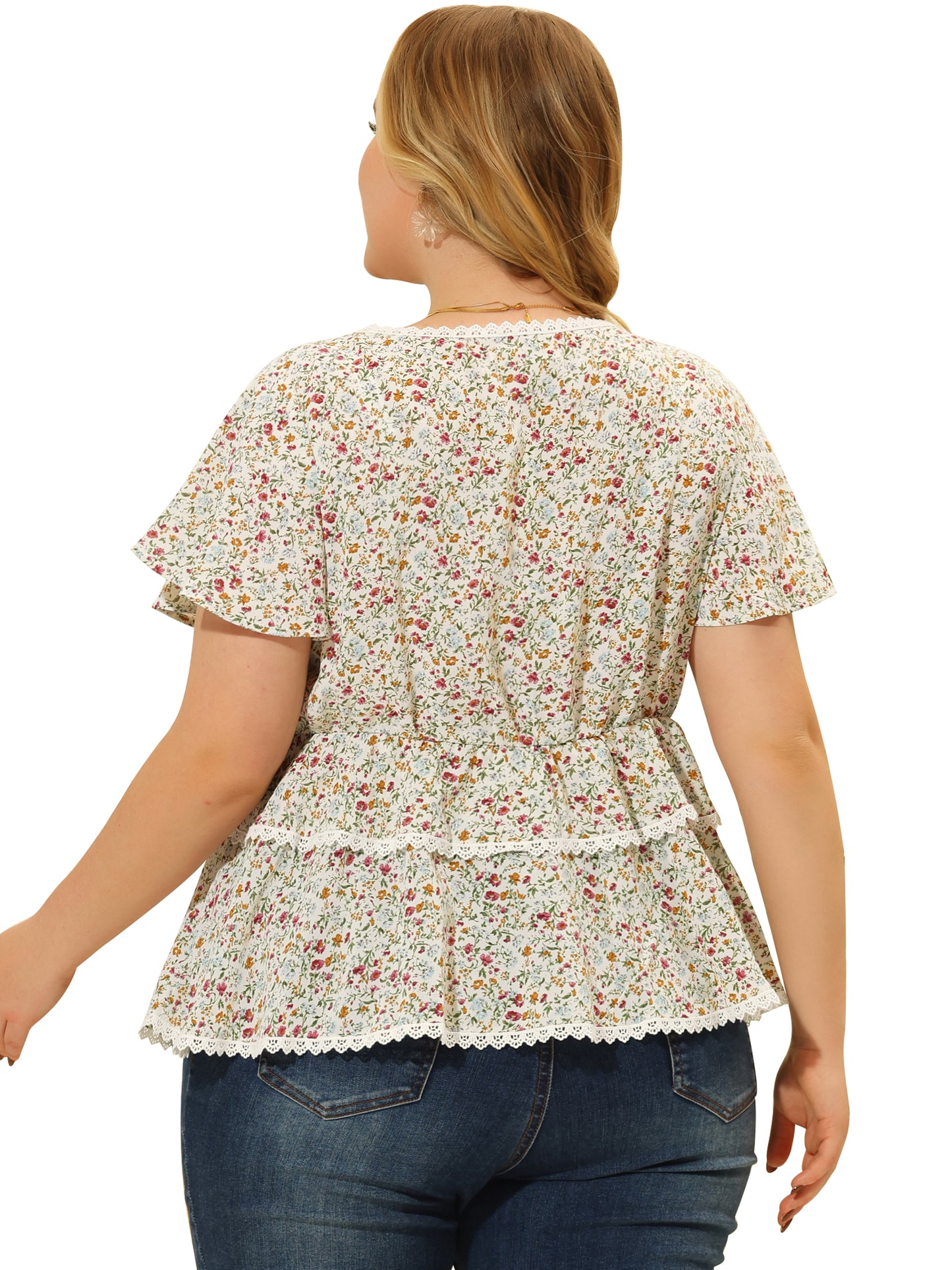 Women Plus Size Tiered Blouse Floral Babydoll Sweetheart Ruffle Short Sleeve Top