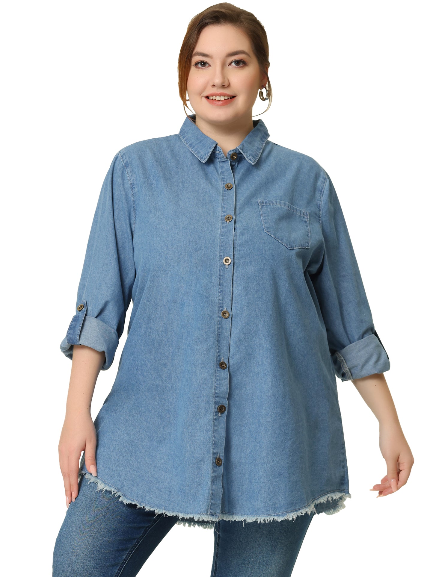 Women Plus Size Shirts Chambray Top Button Down Denim Shirt Top