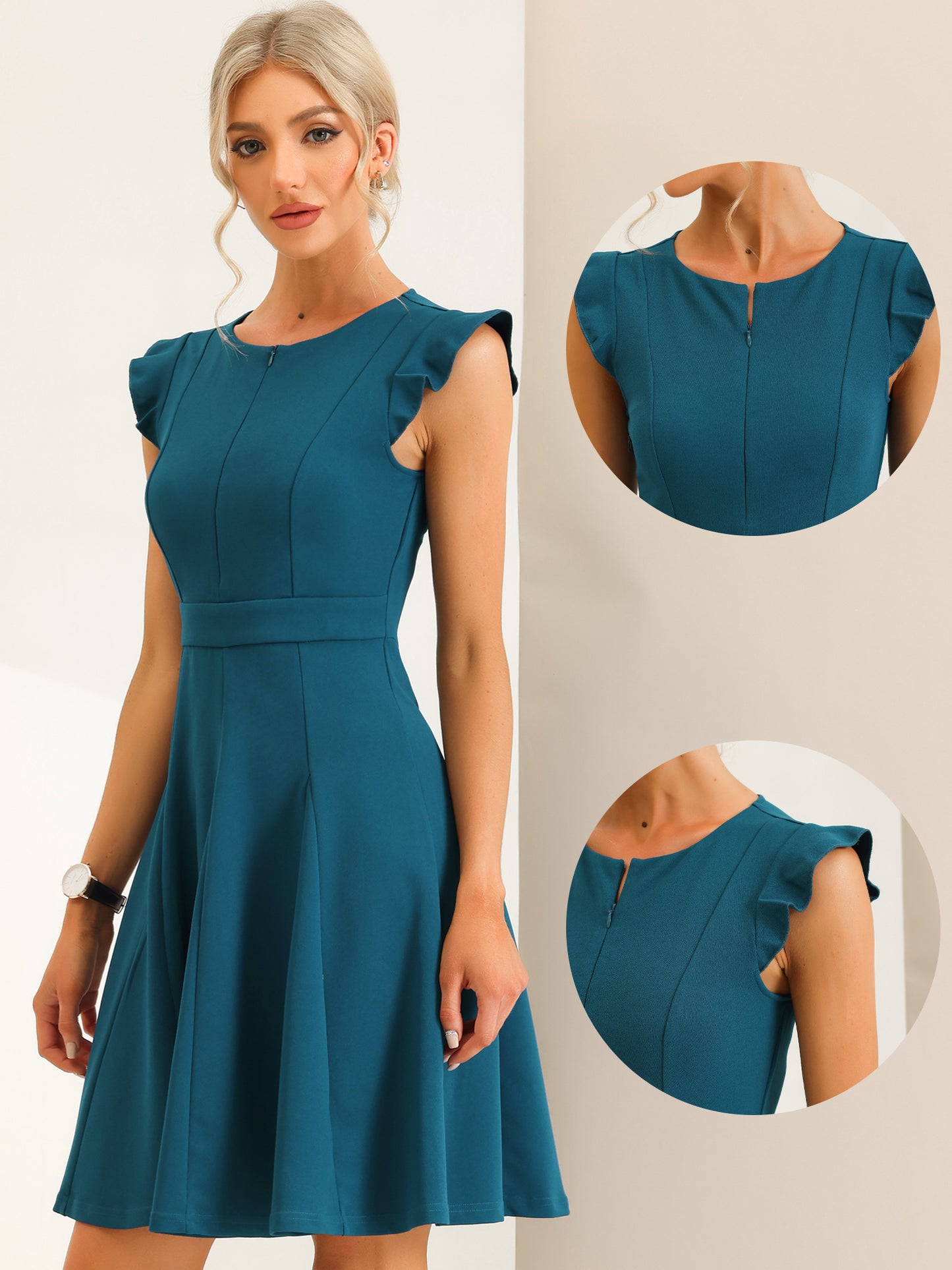 Women's Evening Dress Summer Ruffle Cap Sleeve Zip Front A-line Cocktail Dress