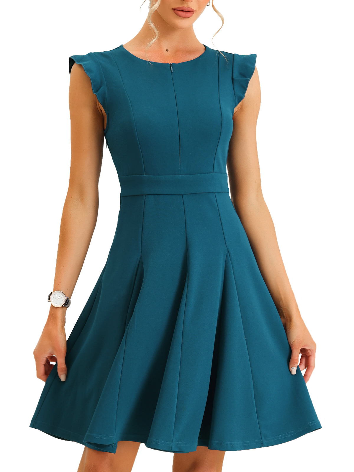 Women's Evening Dress Summer Ruffle Cap Sleeve Zip Front A-line Cocktail Dress