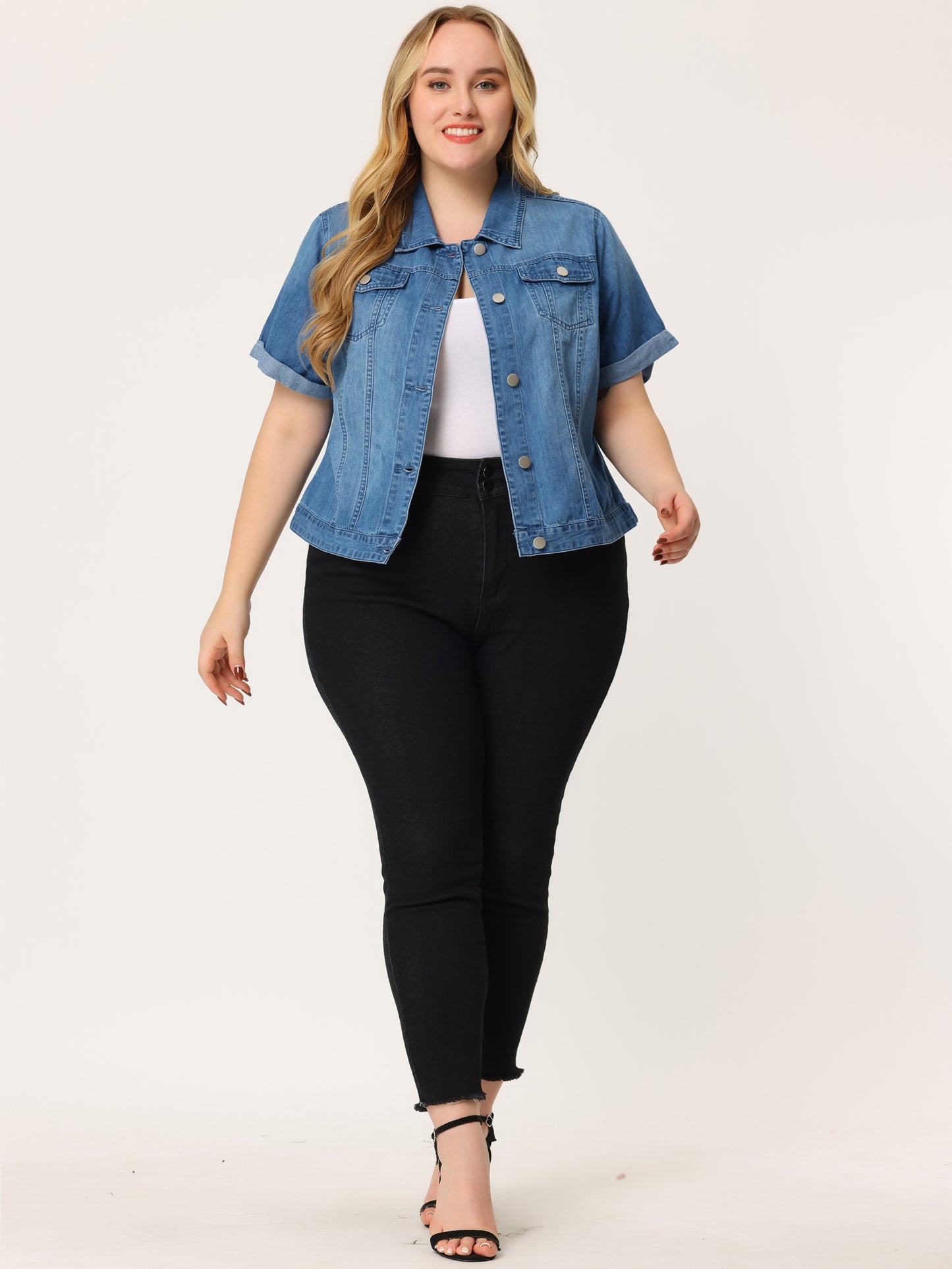 Women's Plus Size Denim Jacket Short Sleeve Lapel Button Front Work Western Outfit Jean Jackets