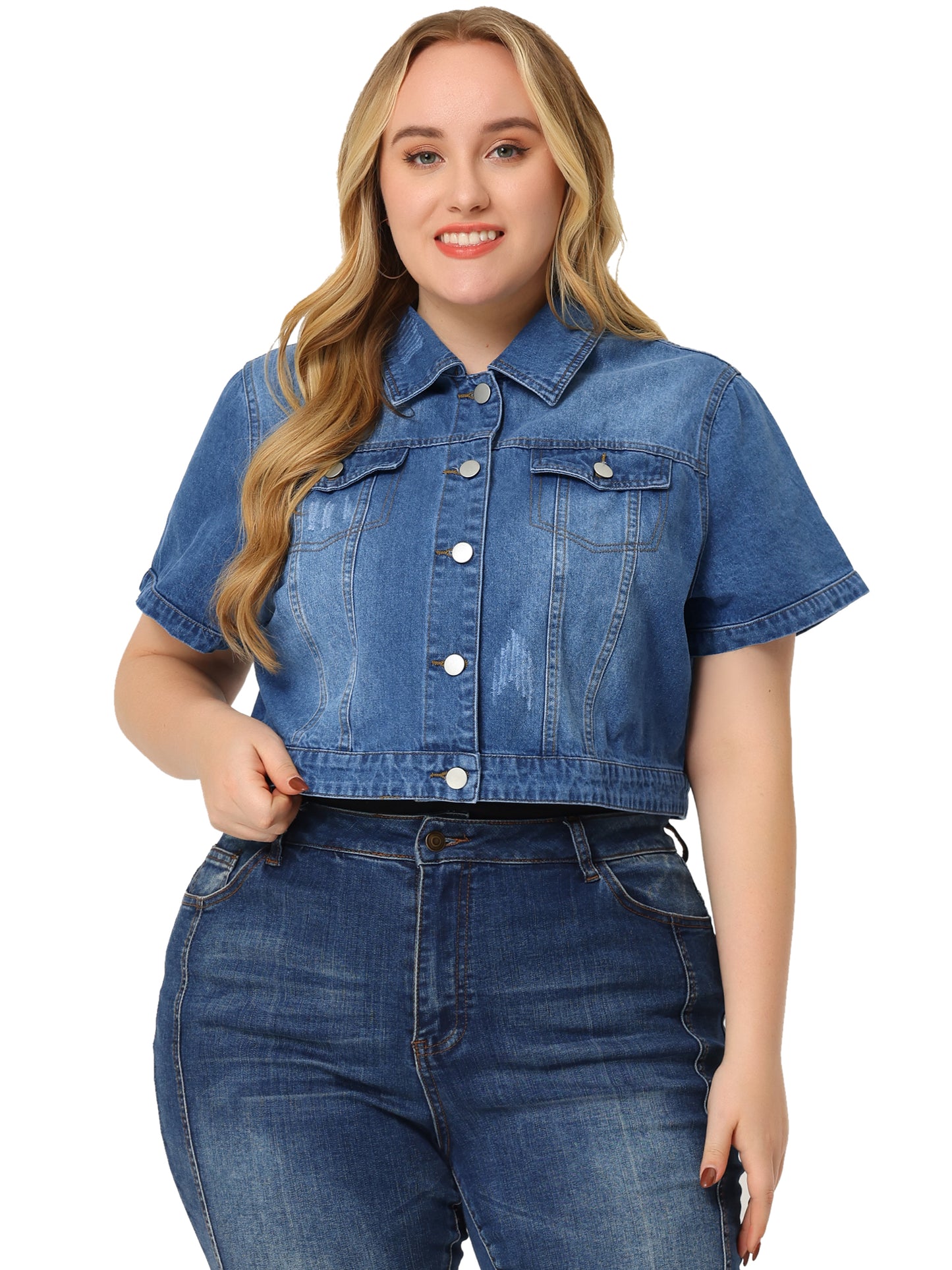 Women Plus Size Denim Jacket Short Sleeves Button Down Cropped Jean Jackets