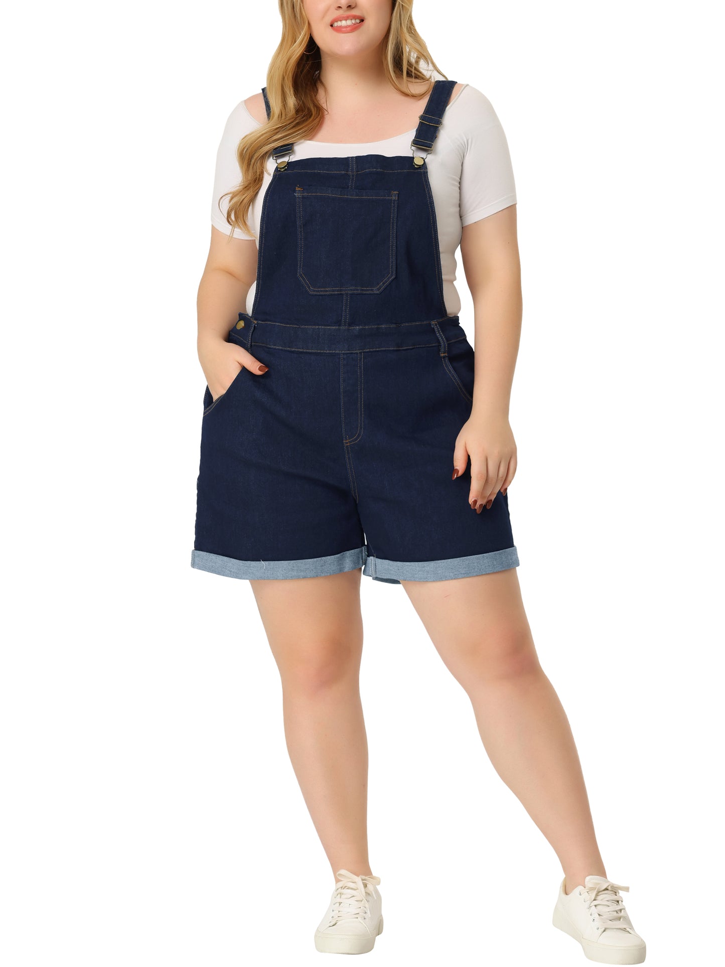 Women Plus Size Overall Shorts Jumpsuit Roll Hem Pocket Jean Denim Overalls