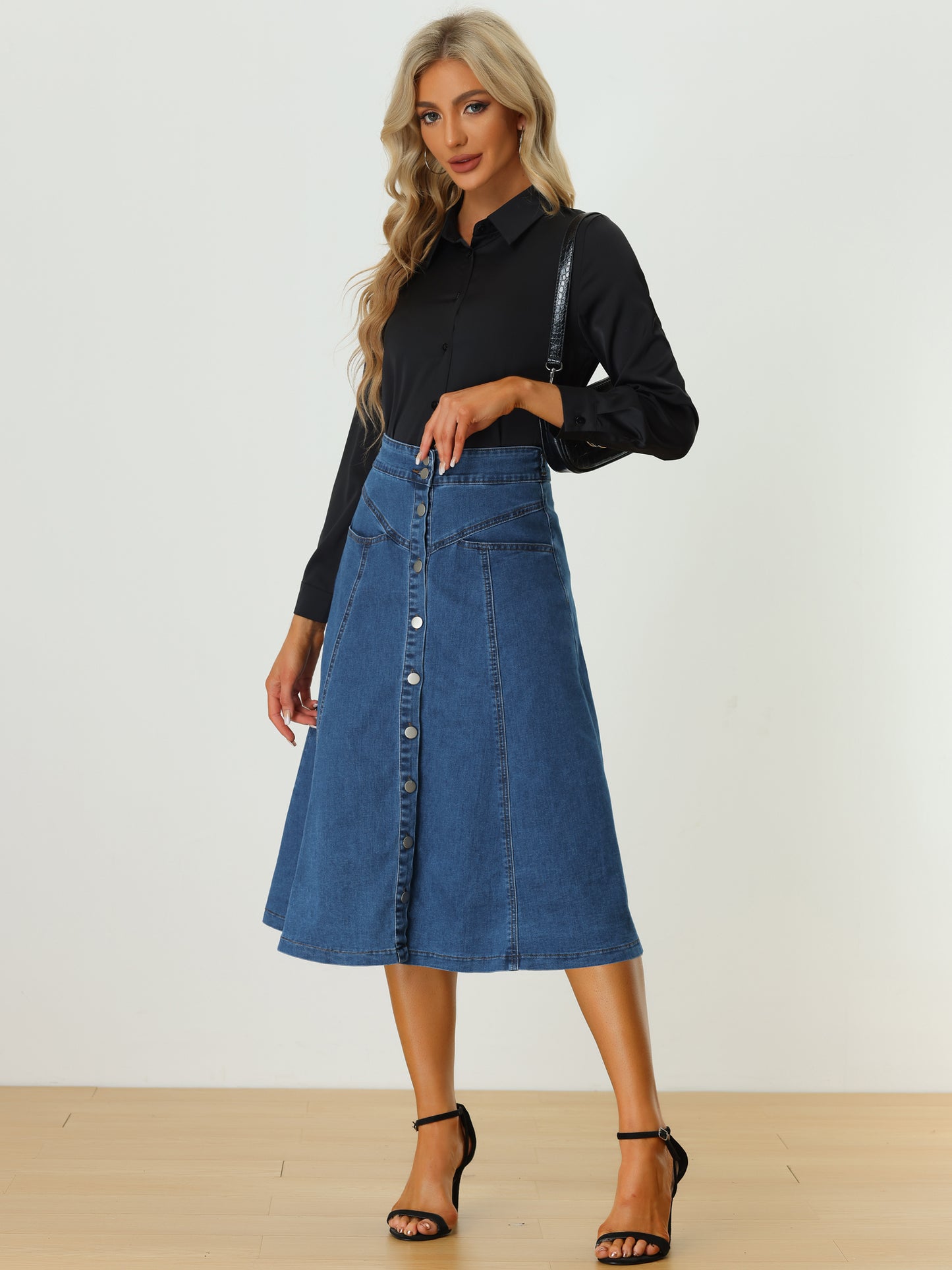 Womens' Summer Denim Skirt High Waist Buttons Front A-Line Flowy Midi Skirts with Pockets