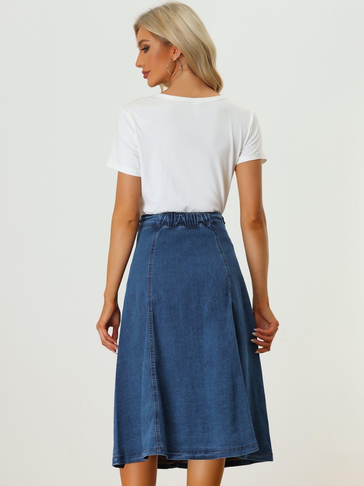 Womens' Summer Denim Skirt High Waist Buttons Front A-Line Flowy Midi Skirts with Pockets