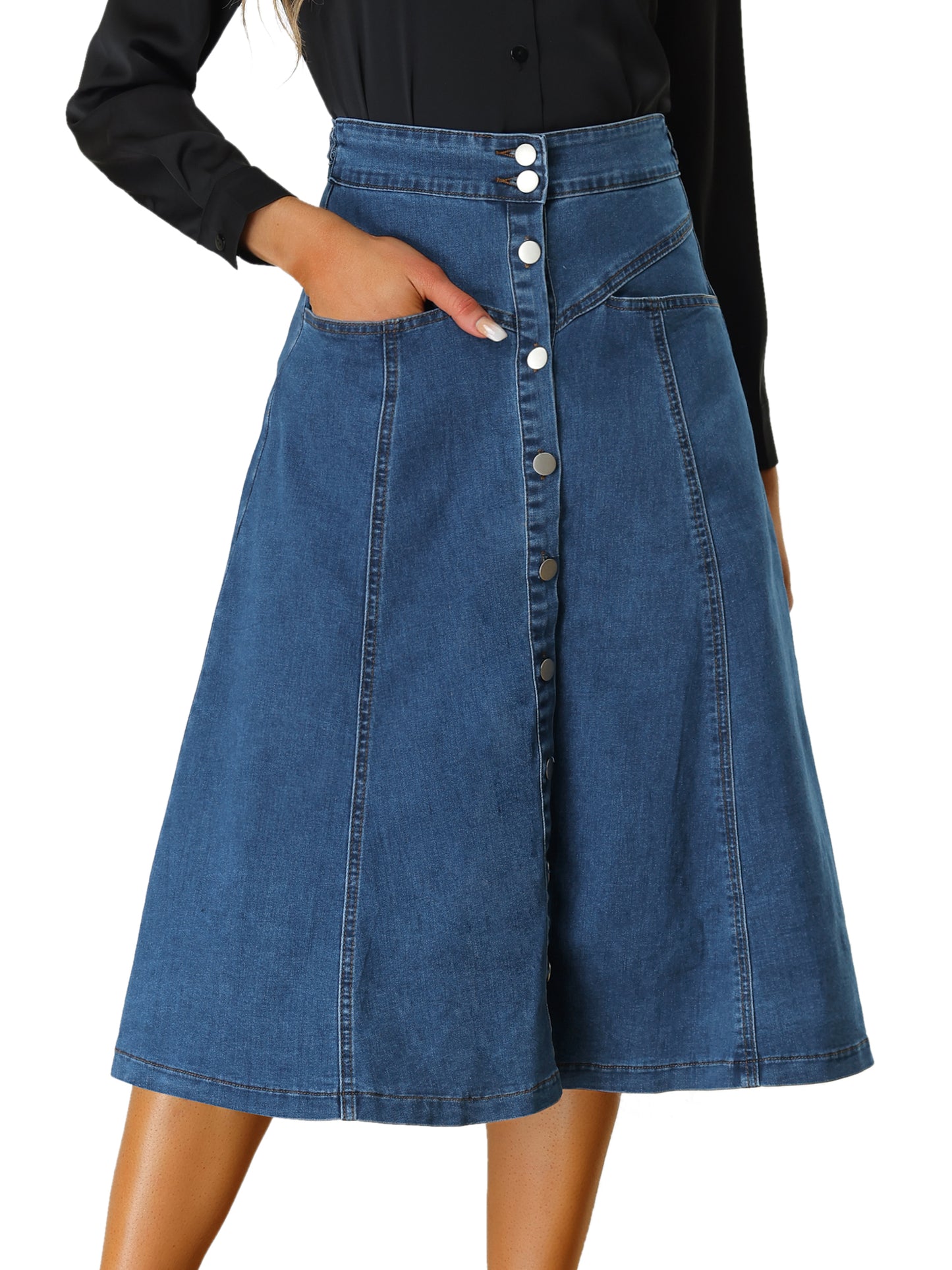 Womens' Summer Denim Skirt High Waist Buttons Front A-Line Flowy Midi Skirts with Pockets