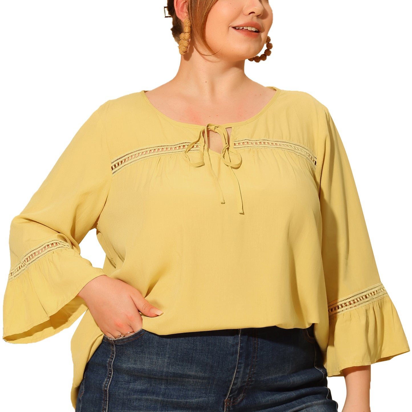 Women Plus Size Blouse 3/4 Flare Sleeves Peasant Keyhole Tie Casual Top