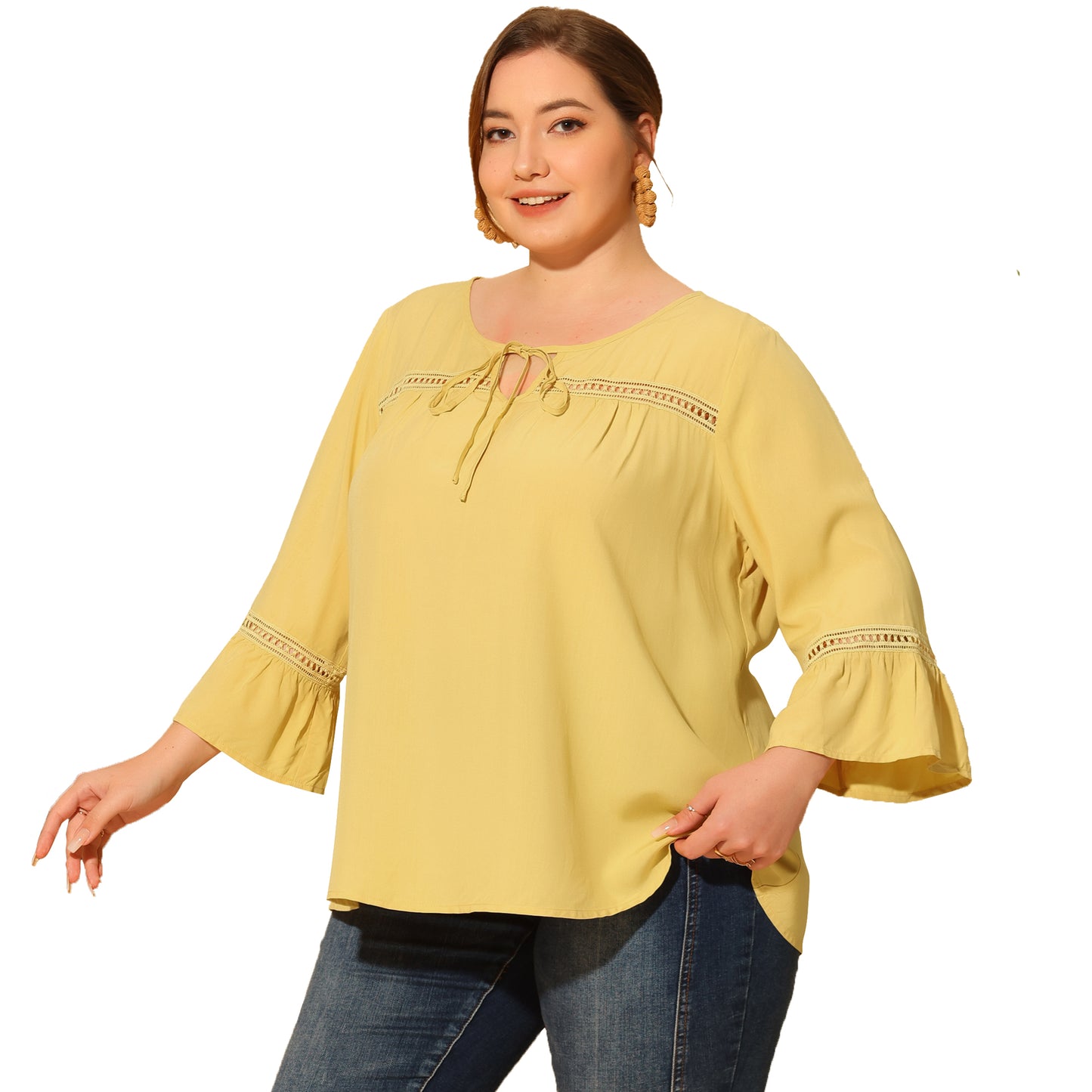 Women Plus Size Blouse 3/4 Flare Sleeves Peasant Keyhole Tie Casual Top