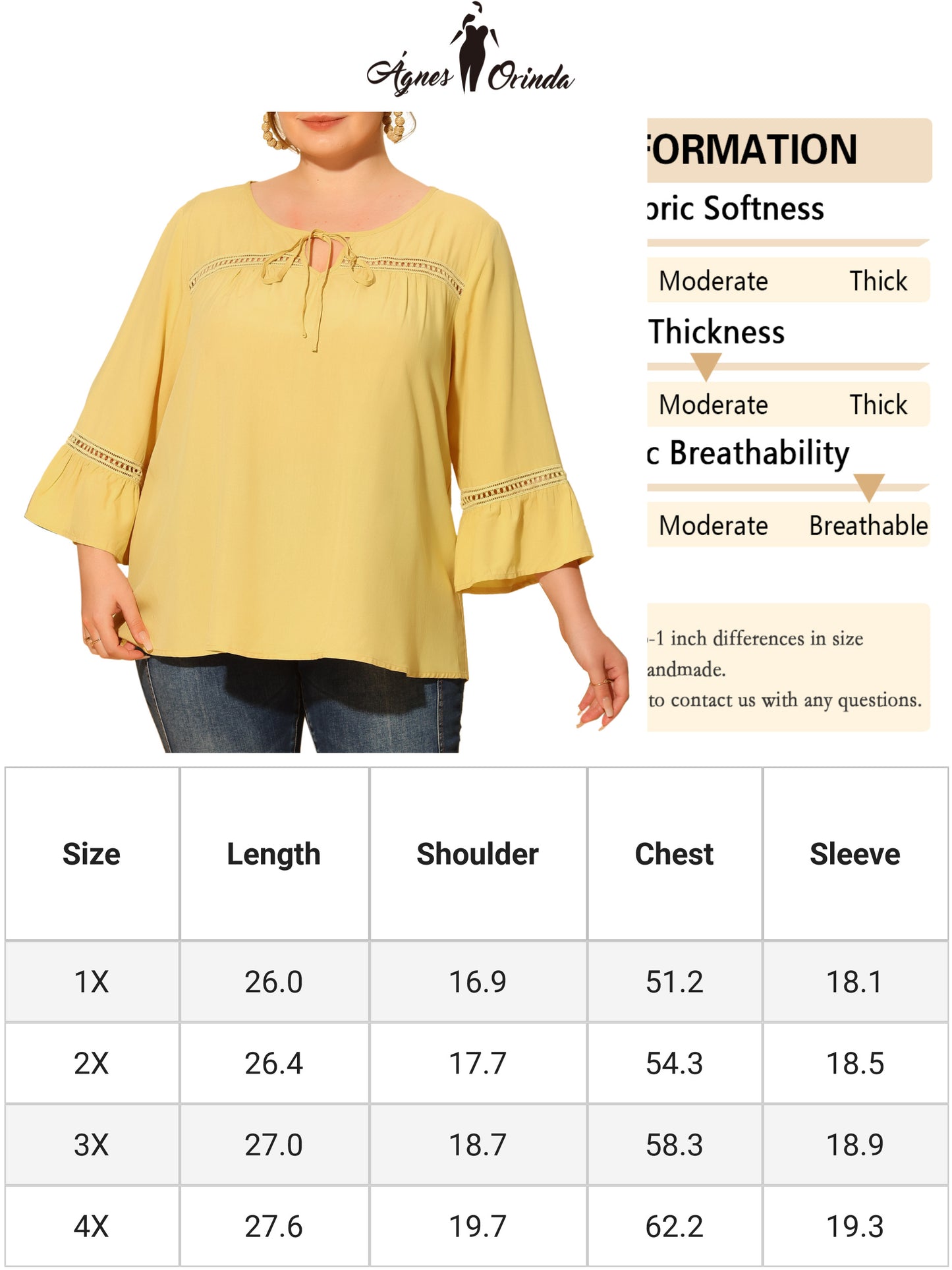 Women Plus Size Blouse 3/4 Flare Sleeves Peasant Keyhole Tie Casual Top