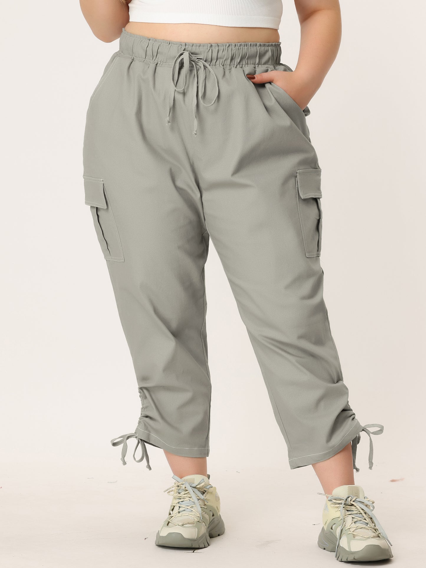 Women's Plus Size Drawstring Elastic Waist Cargo Pants with Pocket
