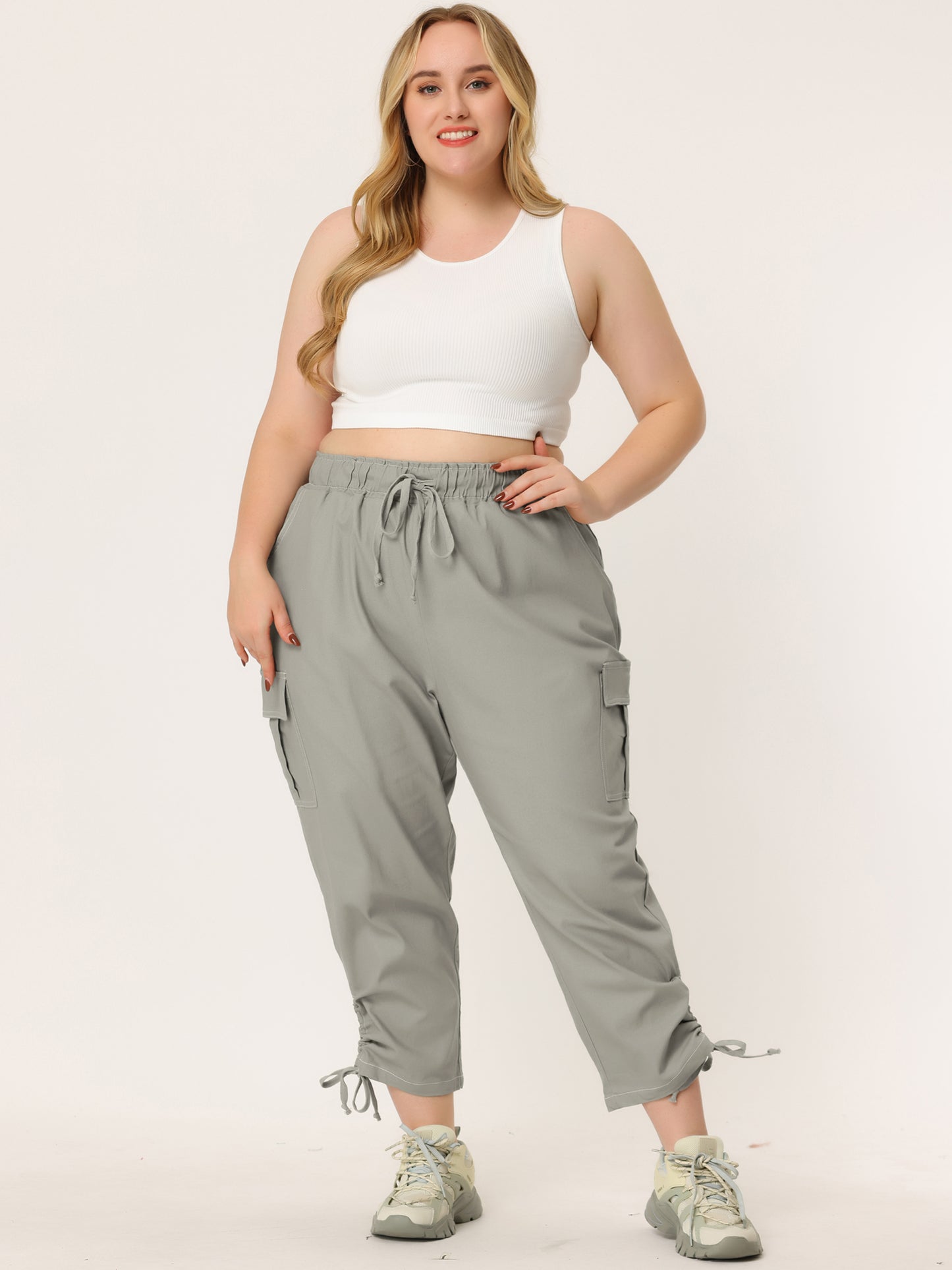 Women's Plus Size Drawstring Elastic Waist Cargo Pants with Pocket