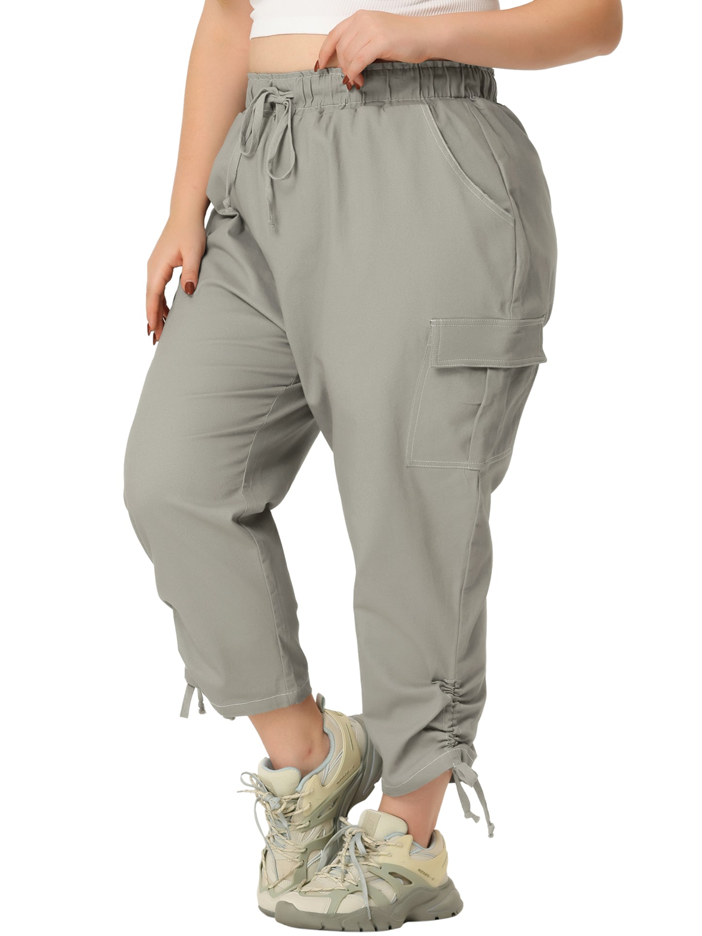 Women's Plus Size Drawstring Elastic Waist Cargo Pants with Pocket