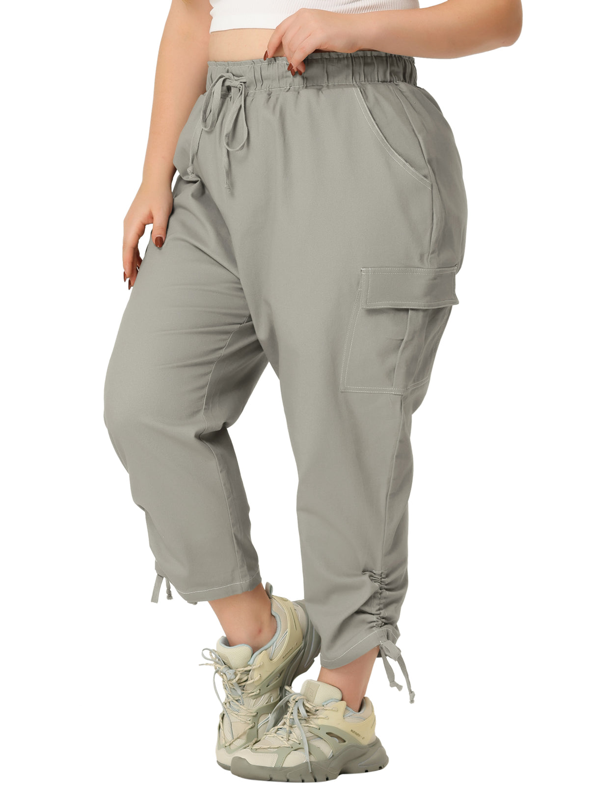 Women's Plus Size Drawstring Elastic Waist Cargo Pants with Pocket