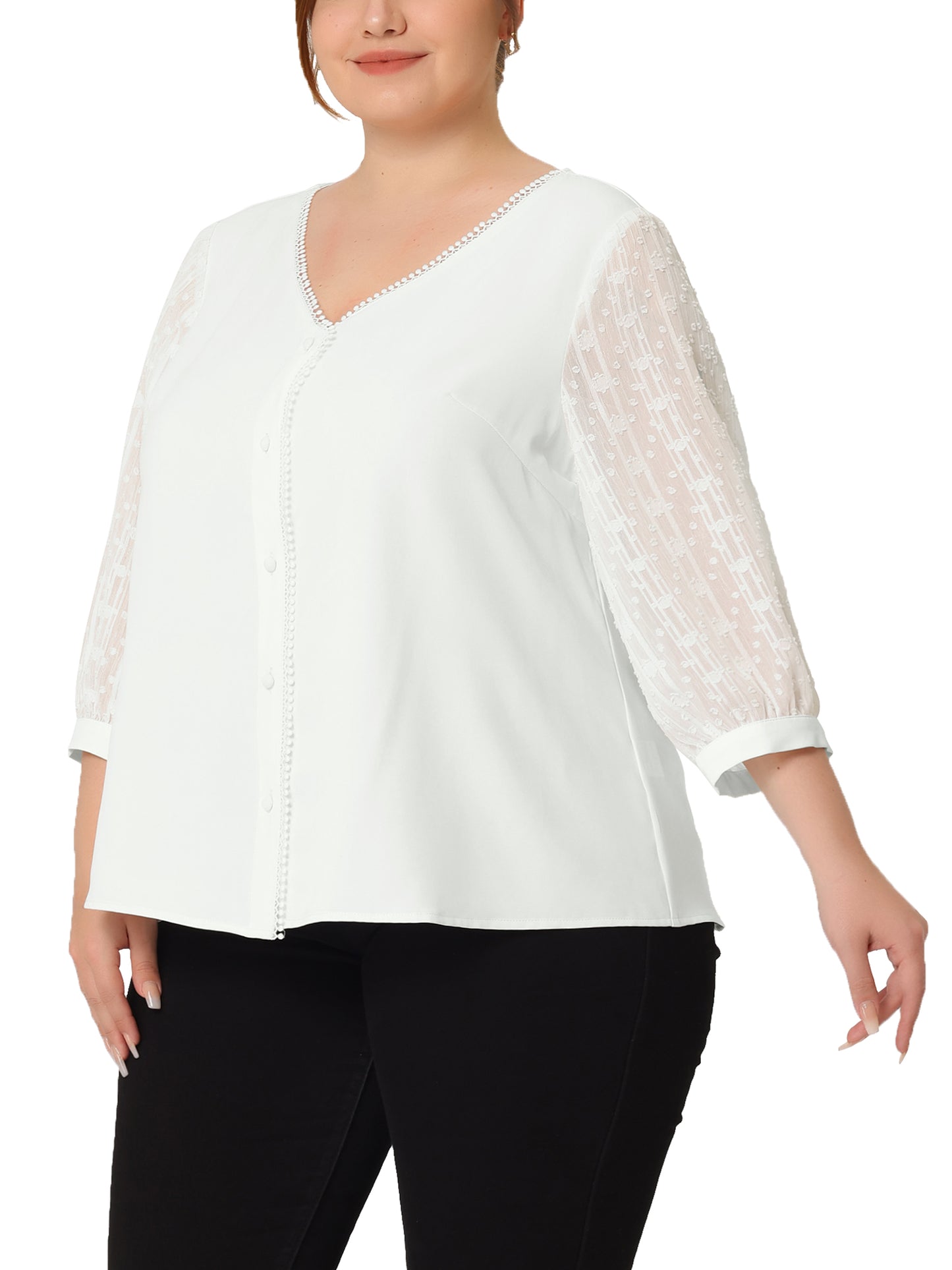 Women's Plus Size Top V Neck Sheer Lace Panel 3/4 Sleeve Button Up Lace Shirt