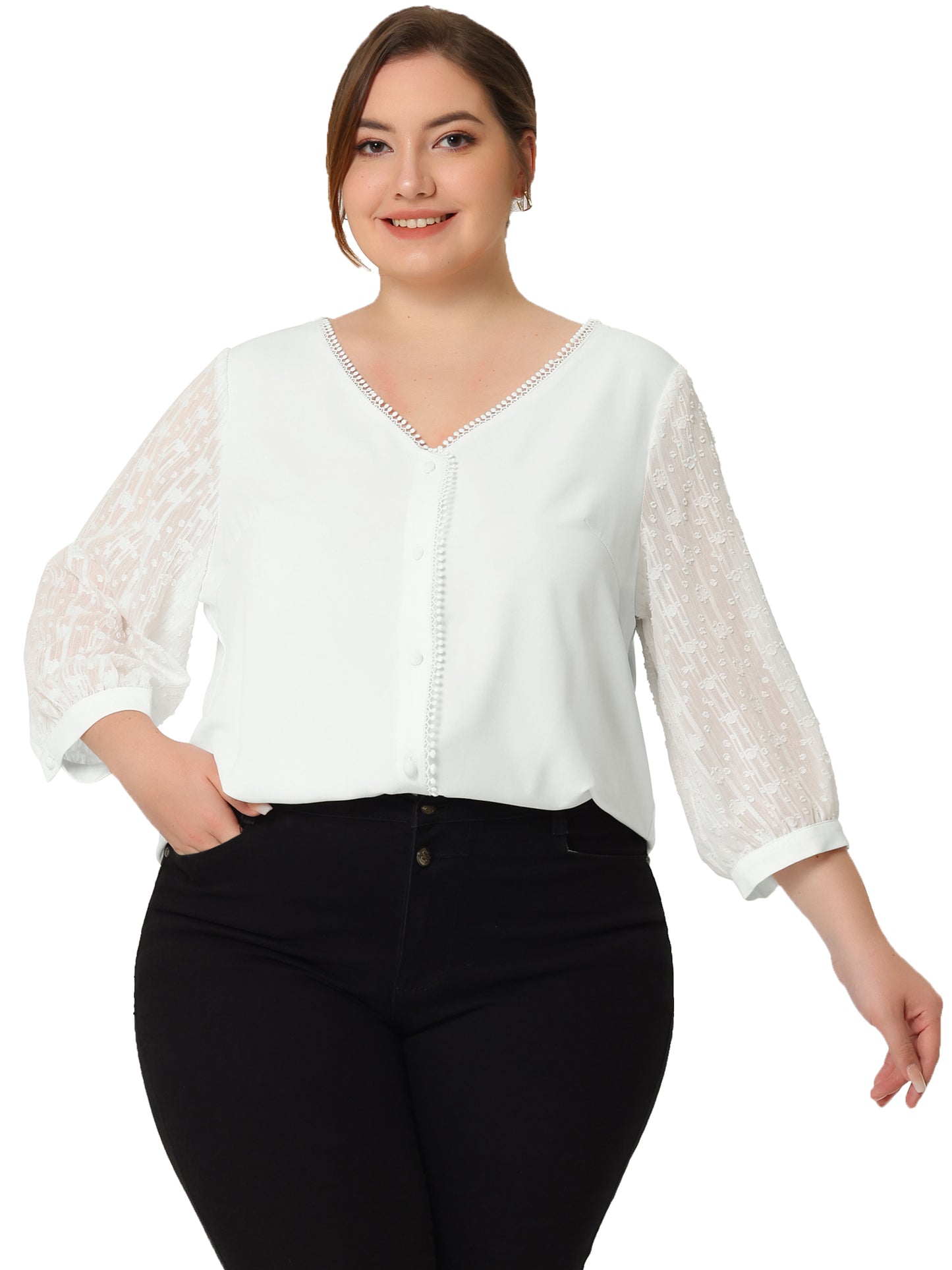 Women's Plus Size Top V Neck Sheer Lace Panel 3/4 Sleeve Button Up Lace Shirt