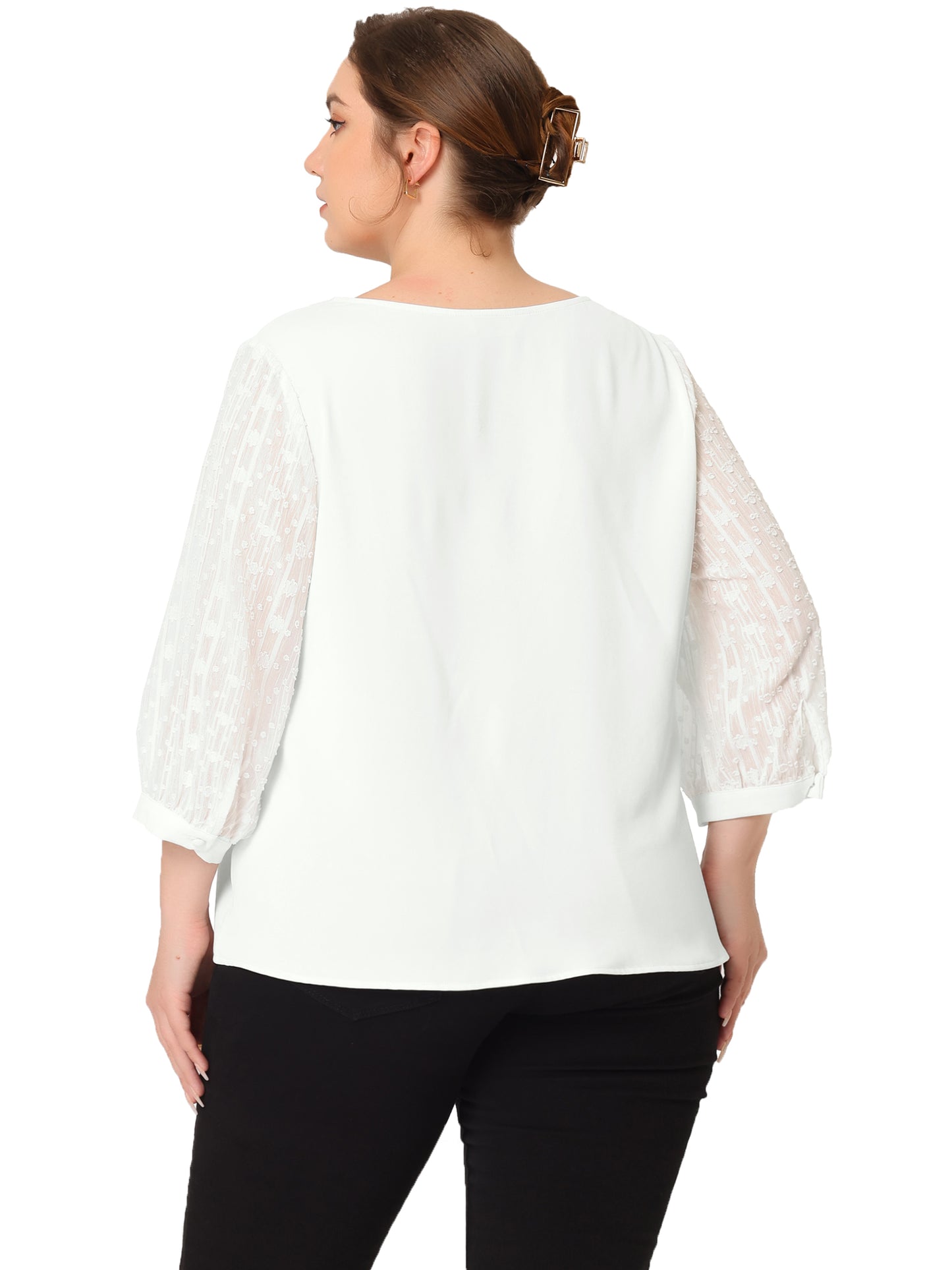 Women's Plus Size Top V Neck Sheer Lace Panel 3/4 Sleeve Button Up Lace Shirt