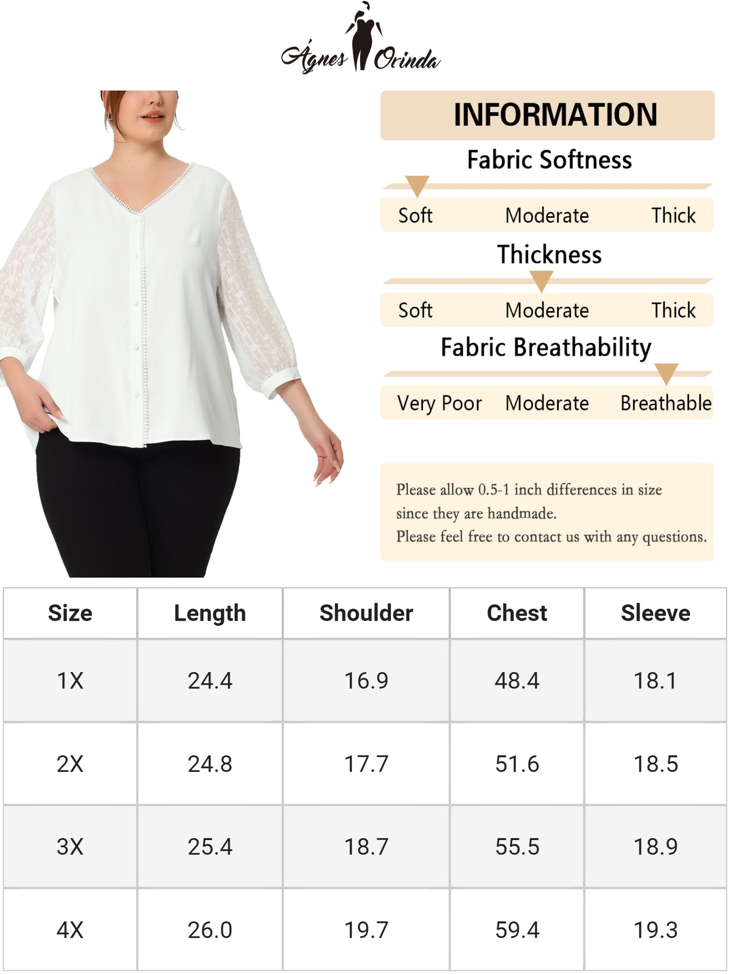 Camisa de encaje con botones y manga 3/4 con cuello en V y panel de encaje transparente para mujer, talla grande