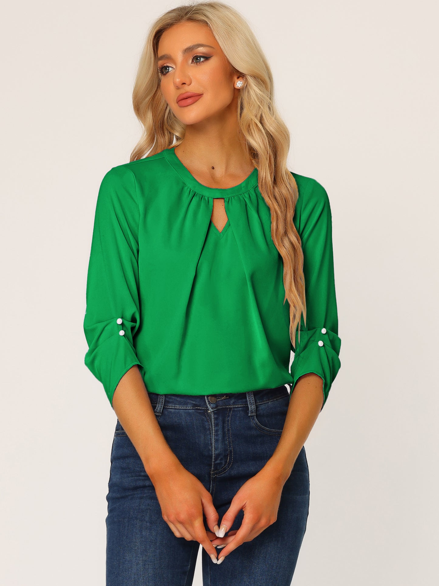 Women's Dressy Work Office Keyhole Pleated Front Ruched 3/4 Sleeve Chiffon Shirt