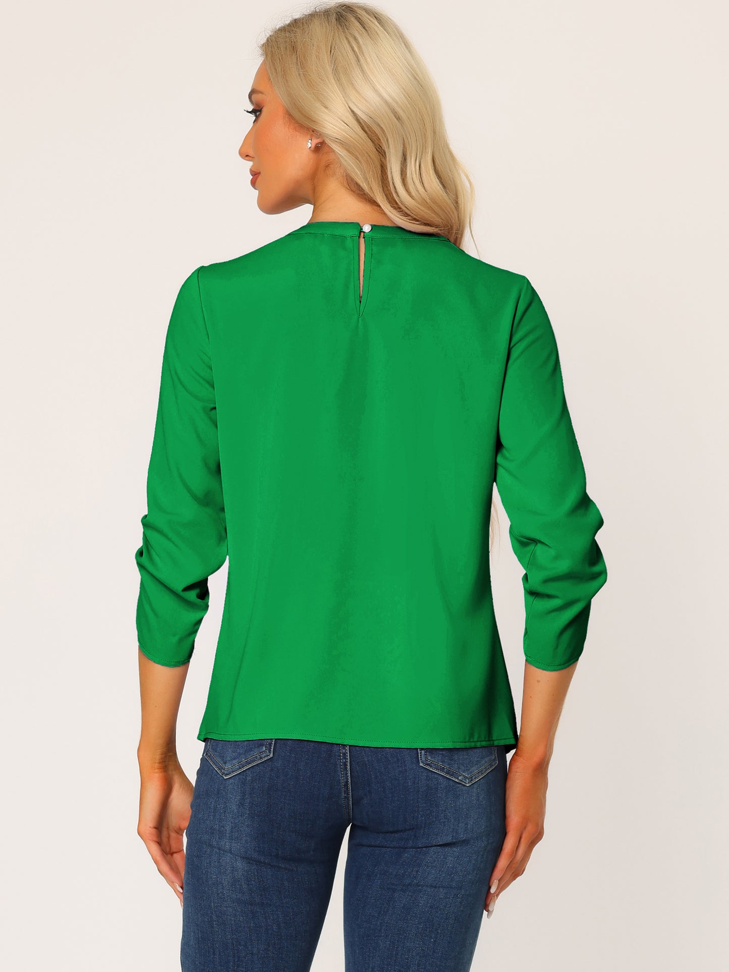 Women's Dressy Work Office Keyhole Pleated Front Ruched 3/4 Sleeve Chiffon Shirt
