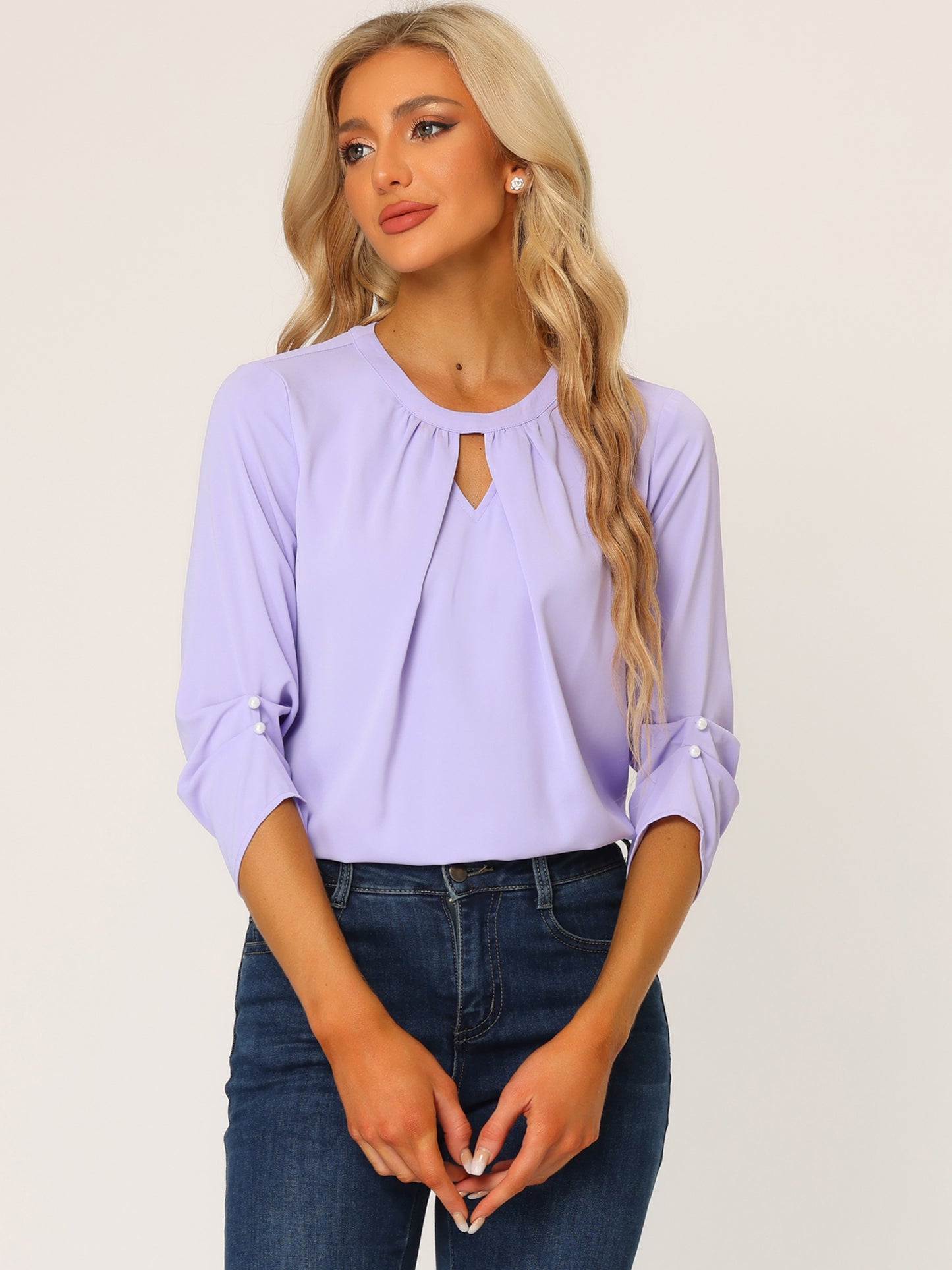 Women's Dressy Work Office Keyhole Pleated Front Ruched 3/4 Sleeve Chiffon Shirt