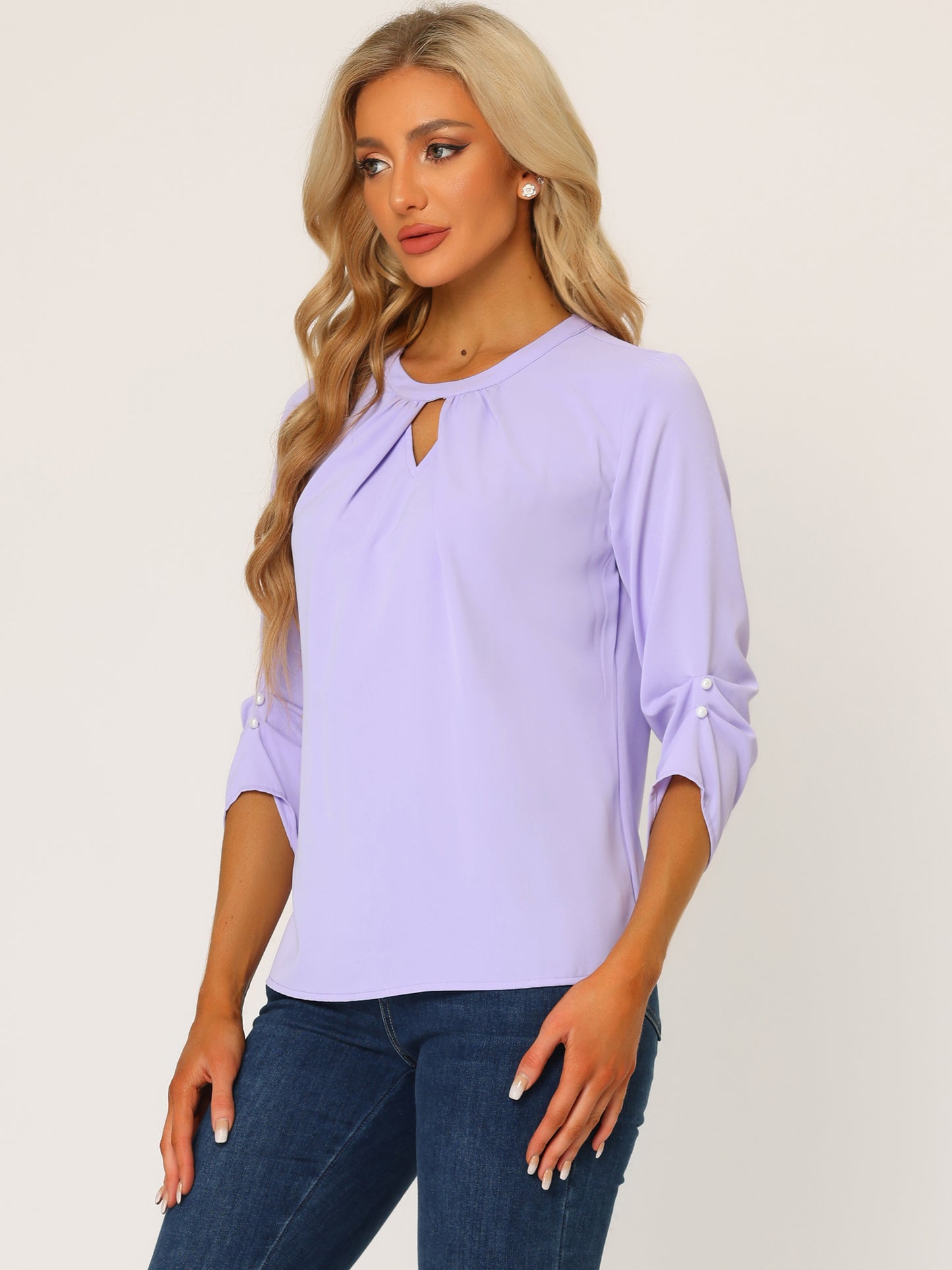 Women's Dressy Work Office Keyhole Pleated Front Ruched 3/4 Sleeve Chiffon Shirt