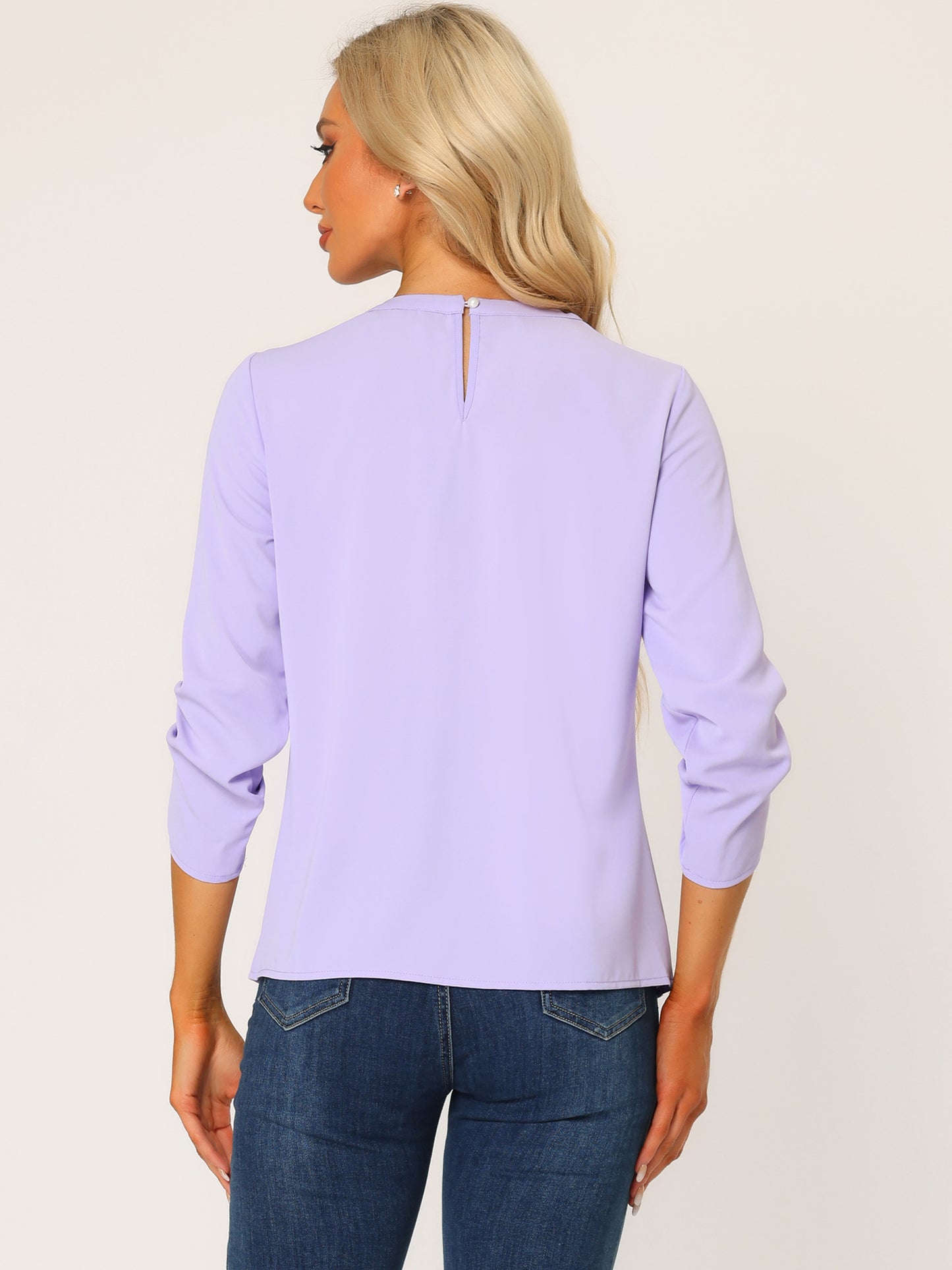 Women's Dressy Work Office Keyhole Pleated Front Ruched 3/4 Sleeve Chiffon Shirt