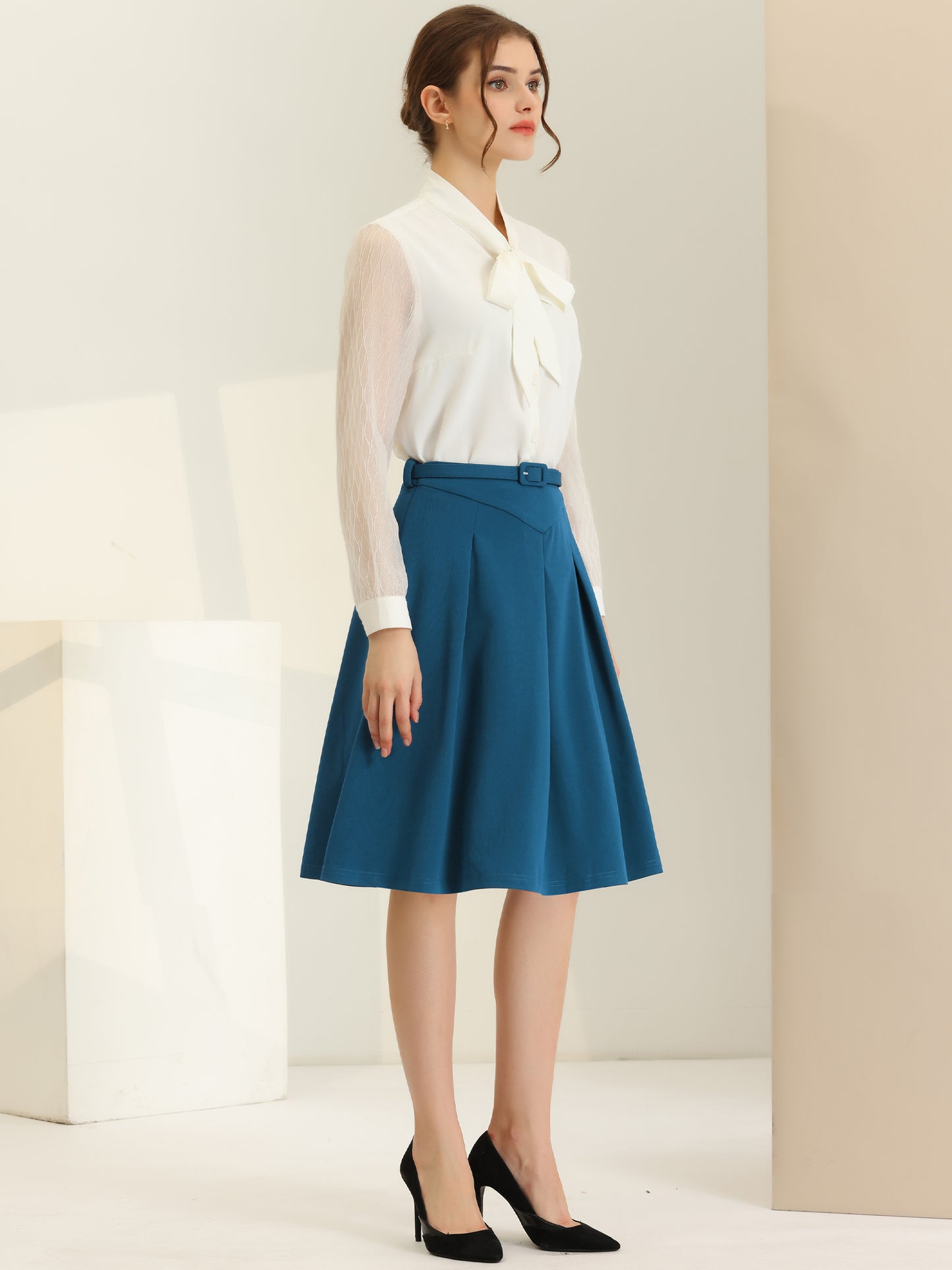 Women's Office Work Skirts Belted Waist Midi A-Line Pleated Skirt (Available in Plus Size)