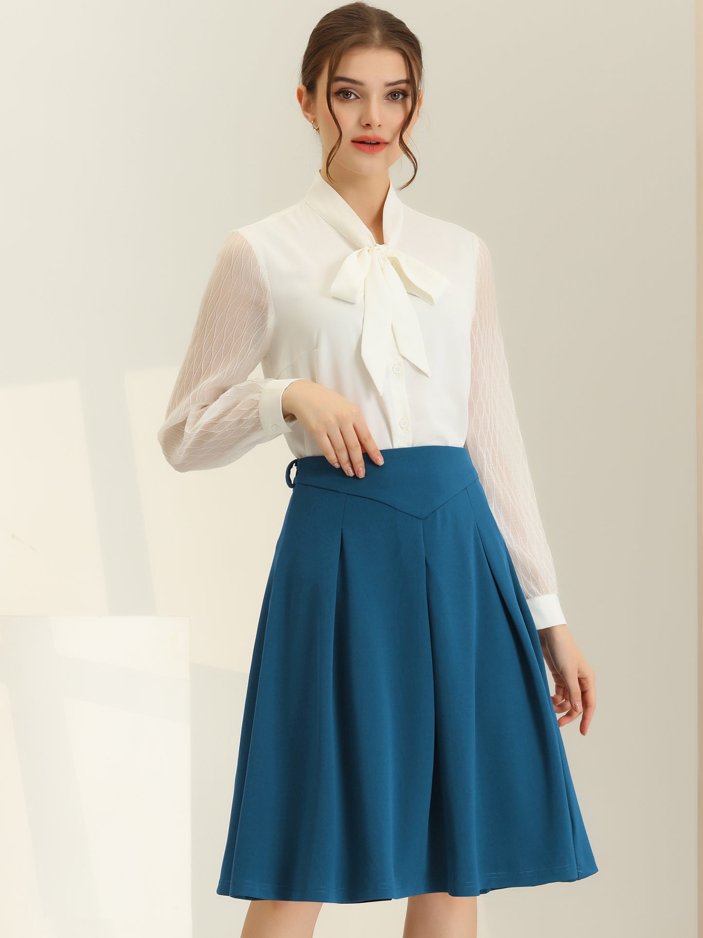 Women's Office Work Skirts Belted Waist Midi A-Line Pleated Skirt (Available in Plus Size)