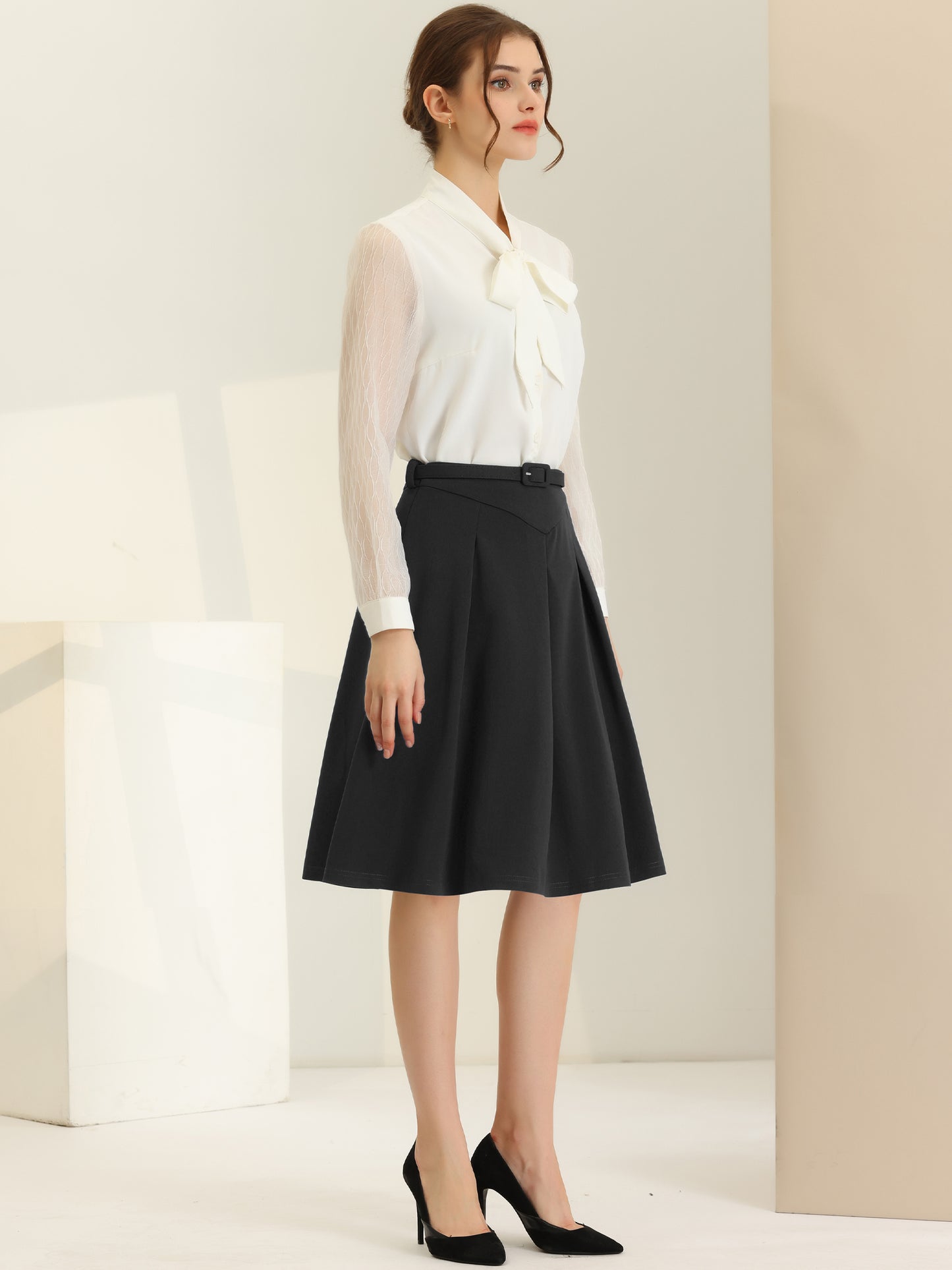 Women's Office Work Skirts Belted Waist Midi A-Line Pleated Skirt (Available in Plus Size)